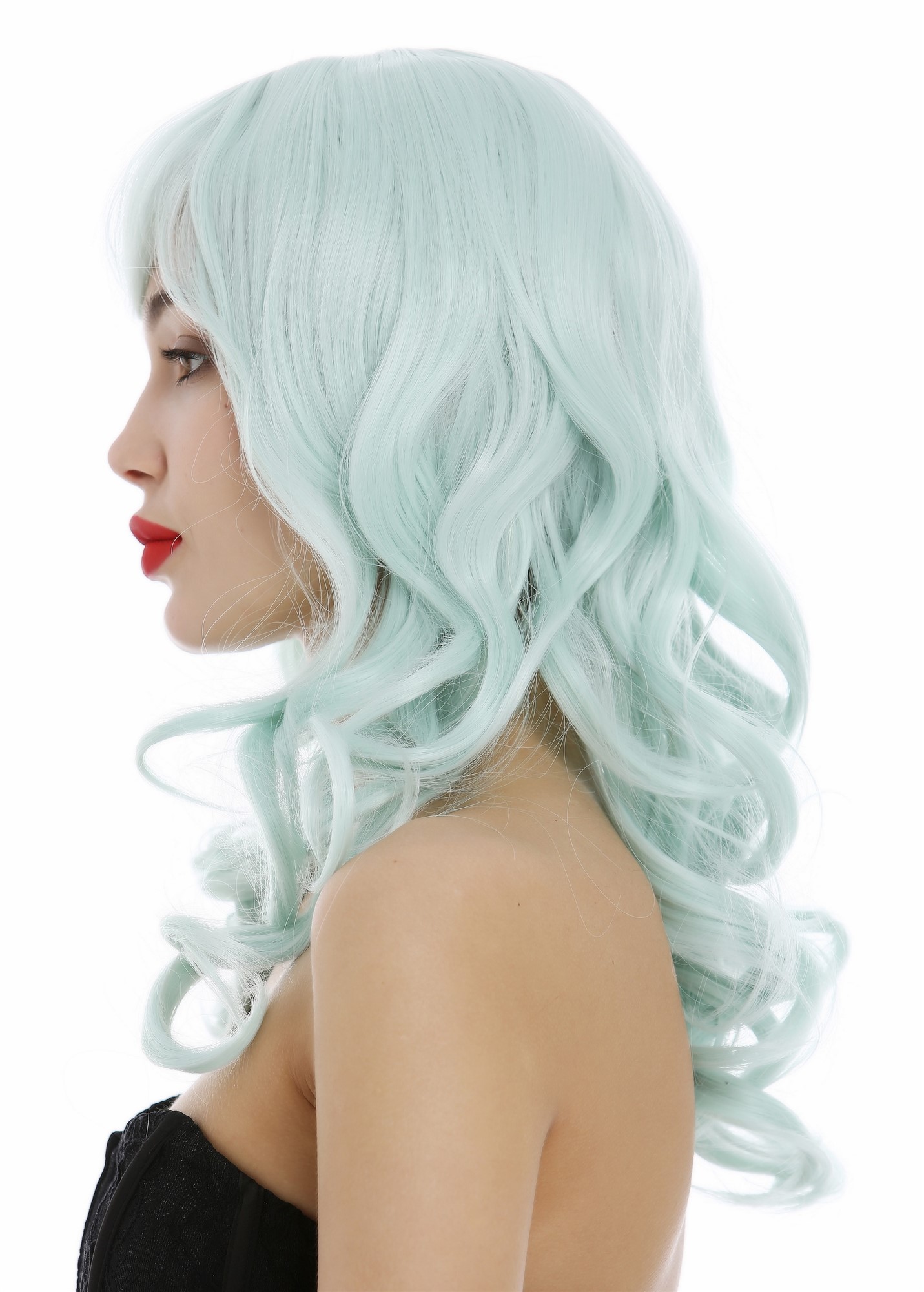 hochwertige Qualitätsperücken, Elegante Damen Perücke lange lockige Haare Pony Grün Hellgrün 3001-T5507, Ansicht 3, WIG ME UP: Ihr Perücken Online Shop wellige Tressen-Perücke mit Kopfhaut-Imitat Hellgrün lange Haare für Damen