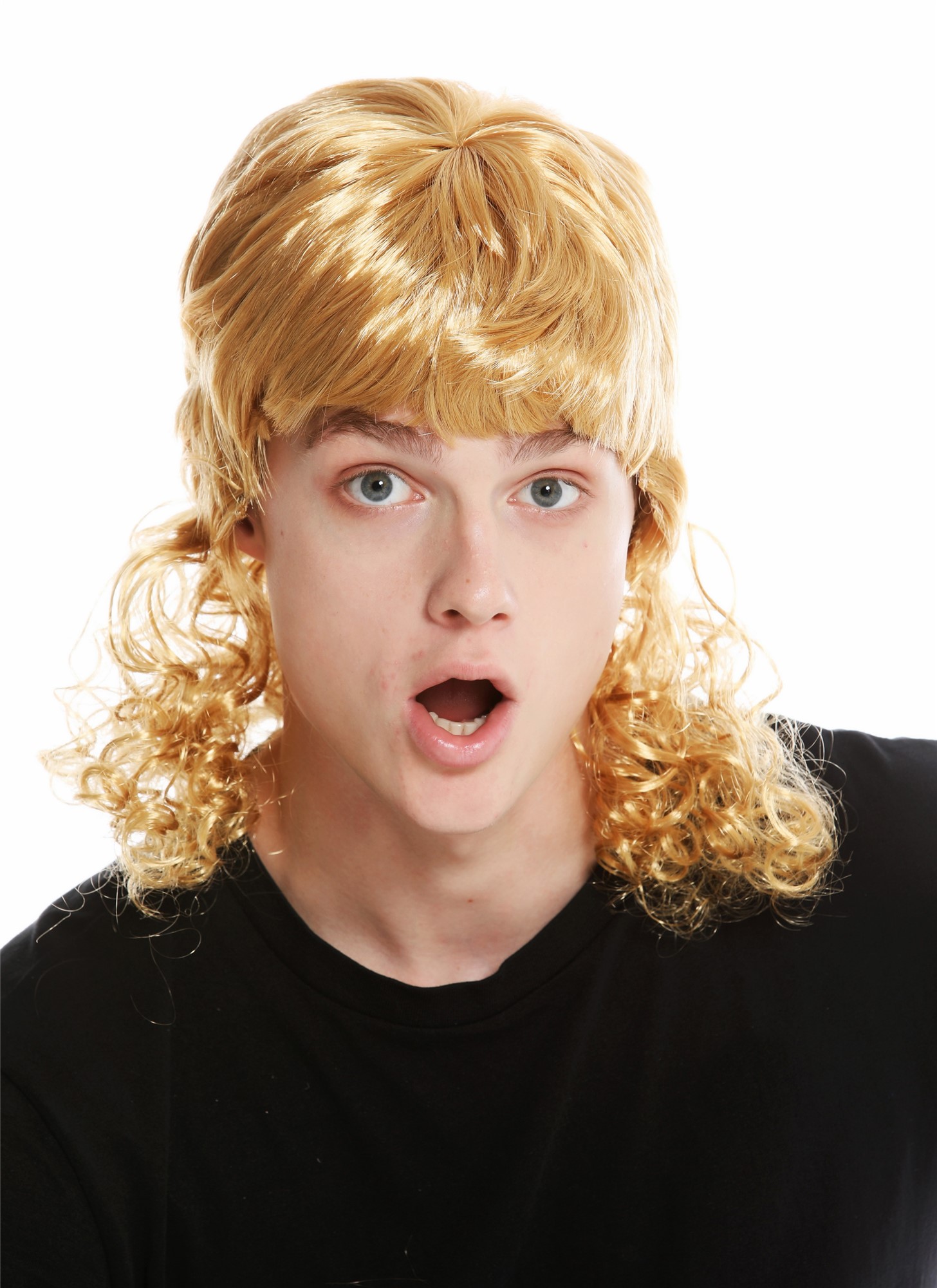 Wig women men carnival curly mullet lad crooner film star copper blond 60893, front view, WIG ME UP: Your Perücken Online Shop Party Wig, Unisex, golden blonde, curled, shoulder-length