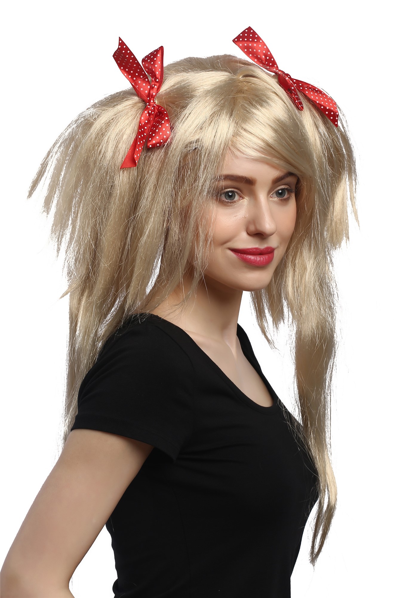 Lady Party Wig Halloween Fancy Dress blond wild voluminous Lolita style pigtails with red ribbons, view 4, WIG ME UP: Your Perücken Online Shop Party Wig, Ladies, Blonde, straight, long