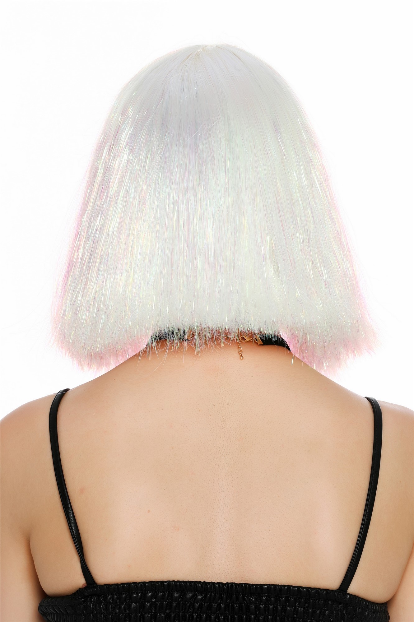 Perücke Damen Glitzer Lametta Tinsel Look Longbob Pony Disco Glam Weiß Rosa VK-42-TN13