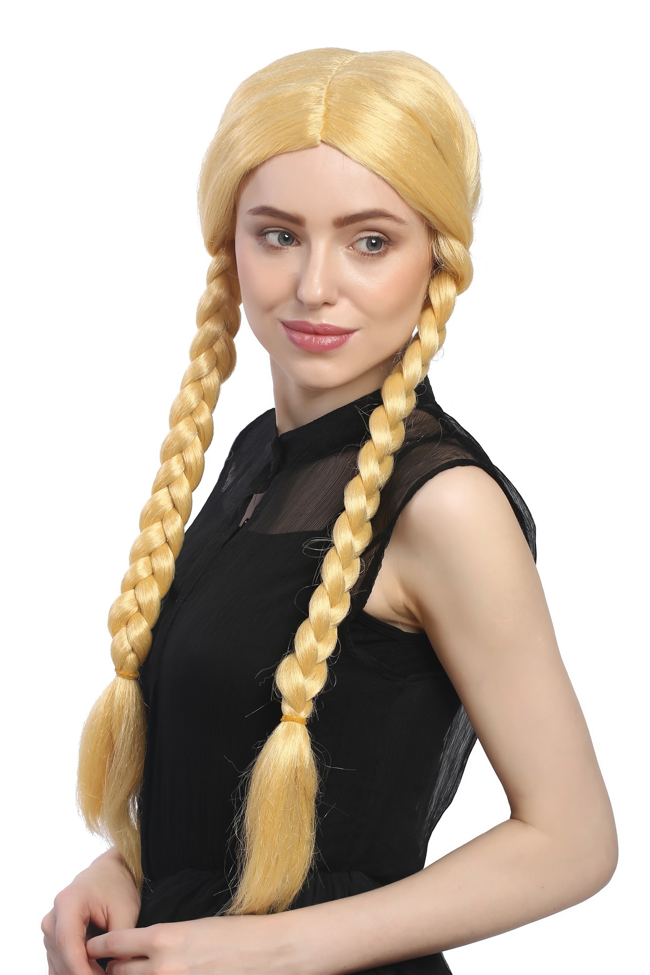 Lady Party Wig Fancy Dress gold yellowish blond long braided pigtails girly Lolita Schoolgirl, view 4, WIG ME UP: Your Perücken Online Shop Party Wig, Ladies, Blonde, Braided, long