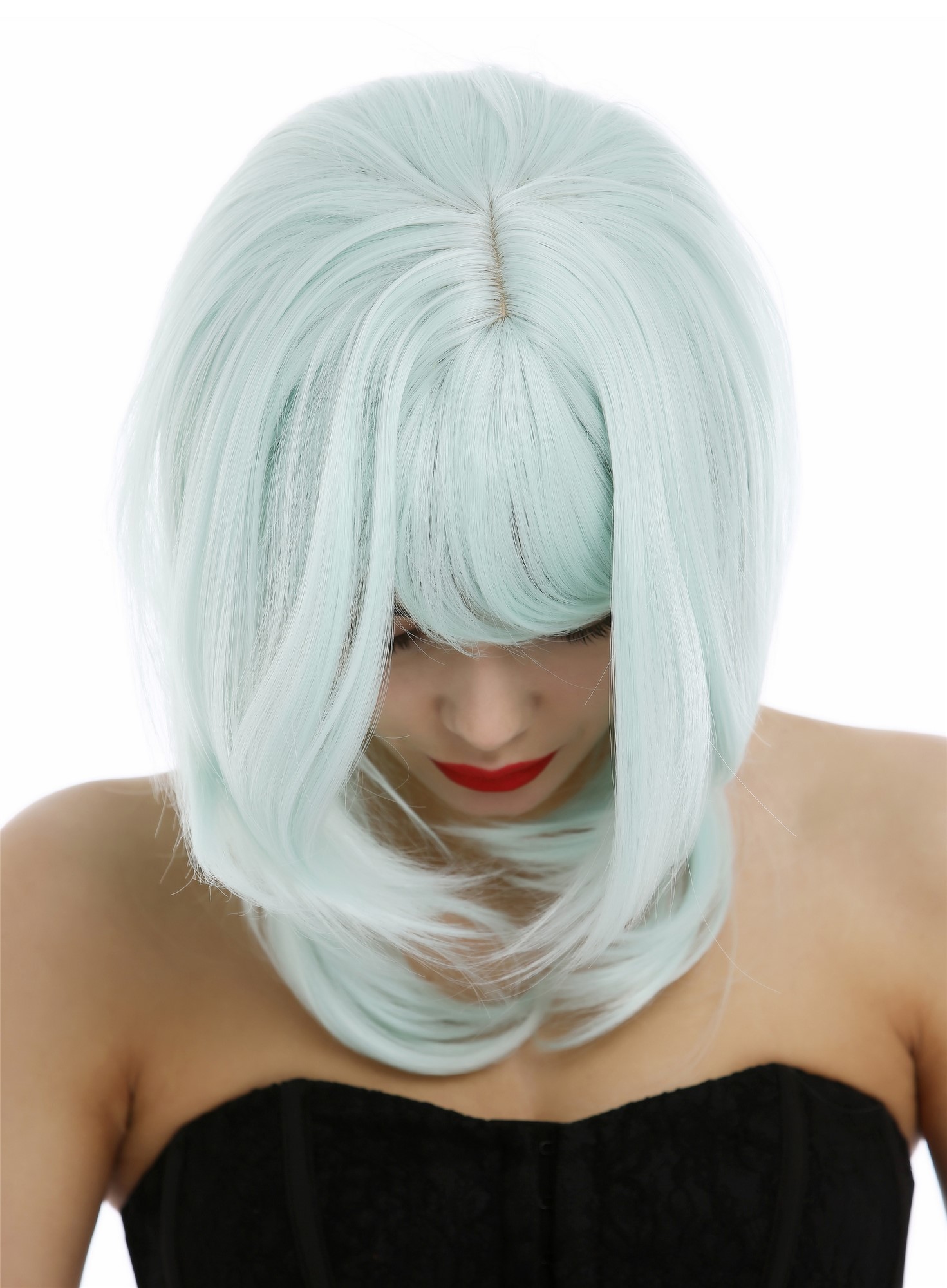 hochwertige Qualitätsperücken, Frauen Perücke schulterlang glatt gestufte Haare Grün Hellgrün 3003-T5507, Ansicht 6, WIG ME UP: Ihr Perücken Online Shop glatte Tressen-Perücke mit Kopfhaut-Imitat Hellgrün schulterlange Haare für Damen