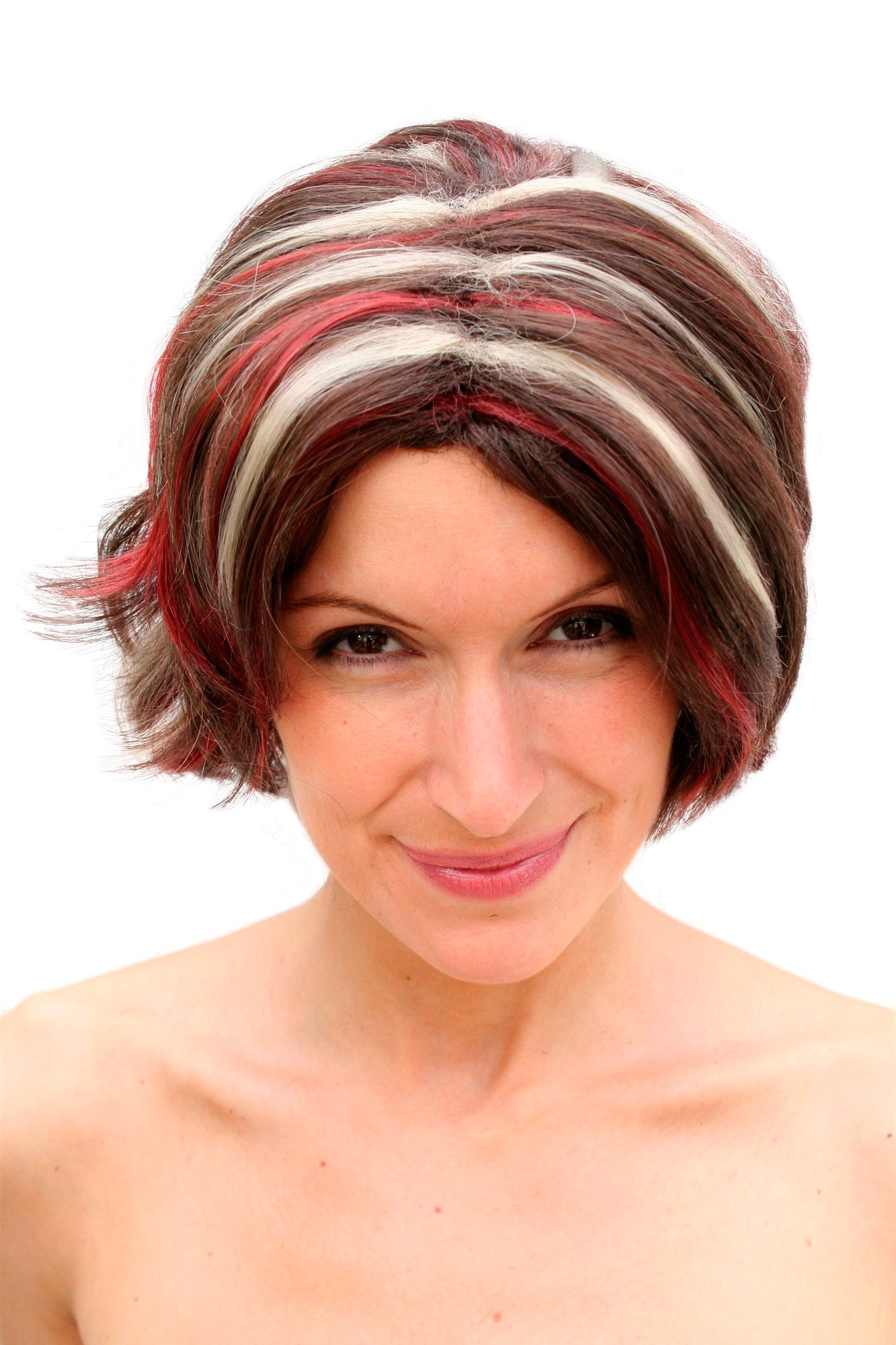 günstige Party Perücke, Perücke gesträhnt Brünett/Rot/Grau Hexe PW0204, Vorderansicht, WIG ME UP: Ihr Perücken Online Shop wellige Party Perücke braun kurze Haare Unisex