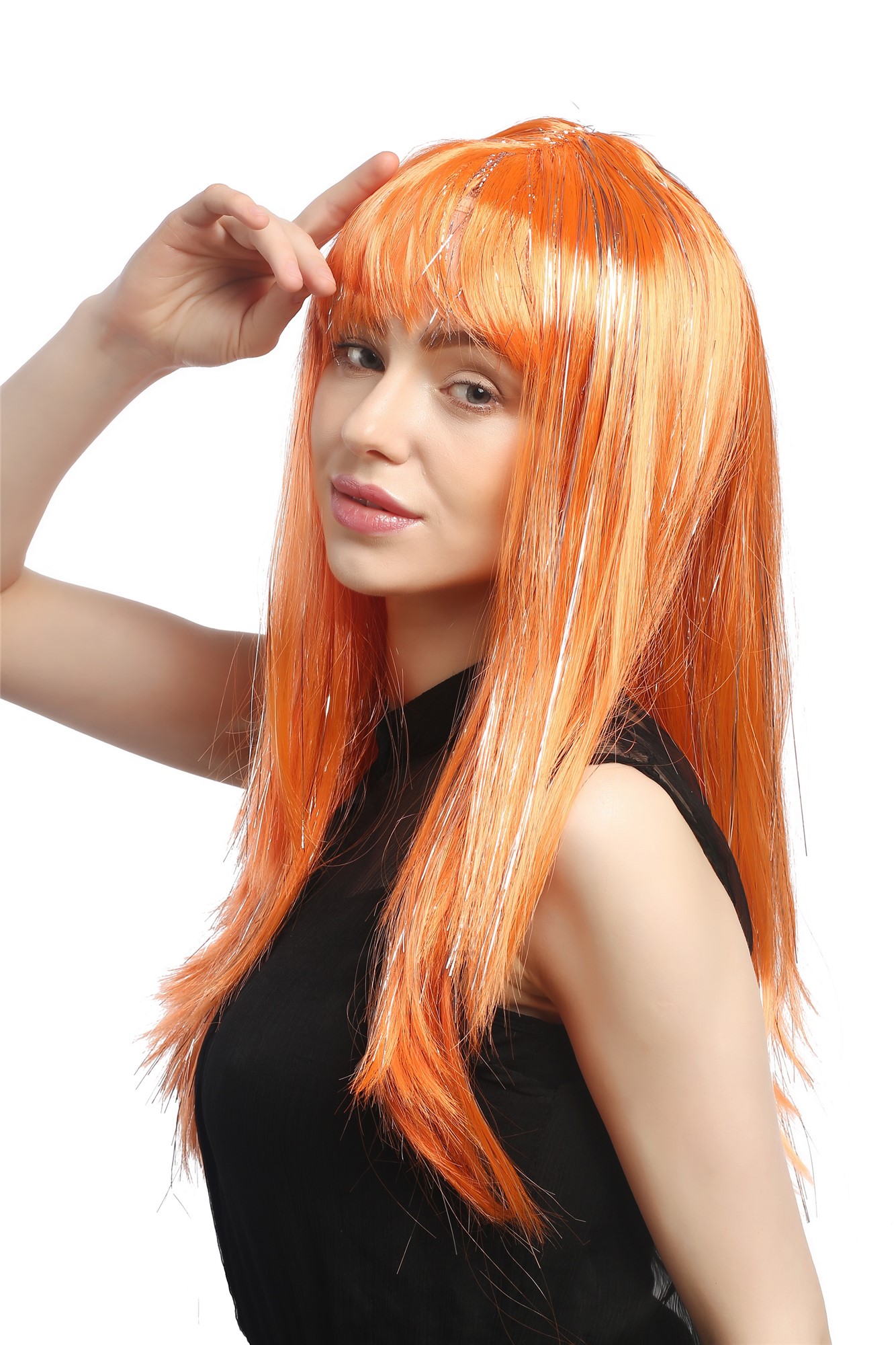 XR-003-PC24 Lady Party Wig Halloween long straight bangs streaked with silver tinsel strands orange, view 2, WIG ME UP: Your Perücken Online Shop Party Wig, Ladies, neon orange, straight, long
