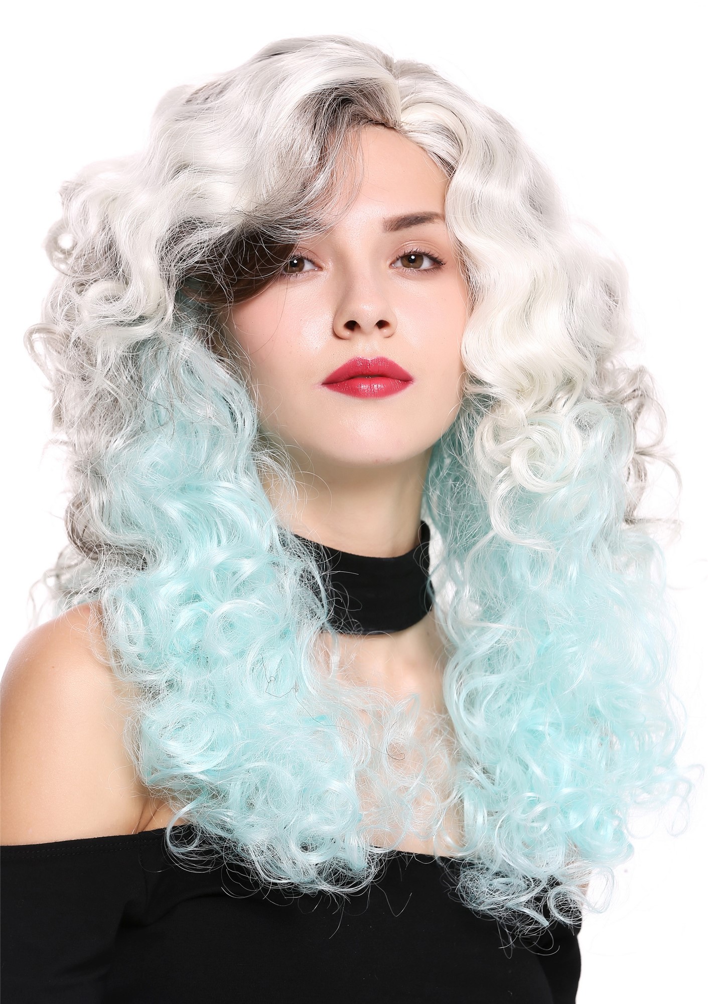 hochwertige Qualitätsperücken, Perücke Lang Volumen Seitenscheitel Braun Blond Blau 1355AB-8+60+L-BLUE, Ansicht 2, WIG ME UP: Ihr Perücken Online Shop lockige Tressen-Perücke mit Kopfhaut-Imitat Aschbraun-Schwedenblond-Türkisblau-Mix lange Haare für Damen