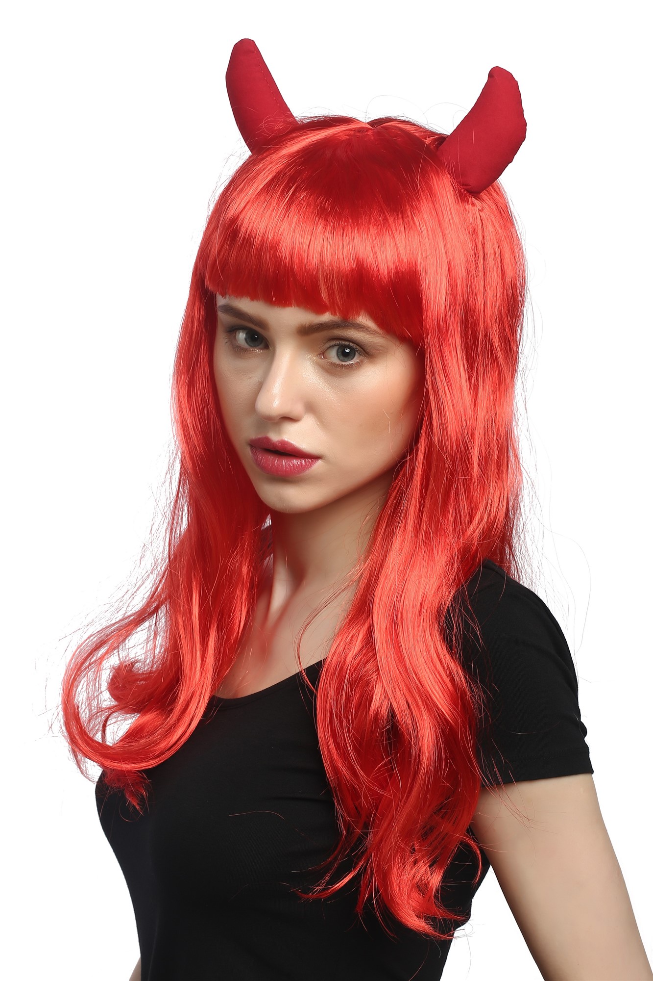 günstige Party Perücke, Perücke Rot Lang mit Hörnern Teufelin 90897-ZA13, Vorderansicht, WIG ME UP: Ihr Perücken Online Shop wellige Party Perücke Rot lange Haare für Damen