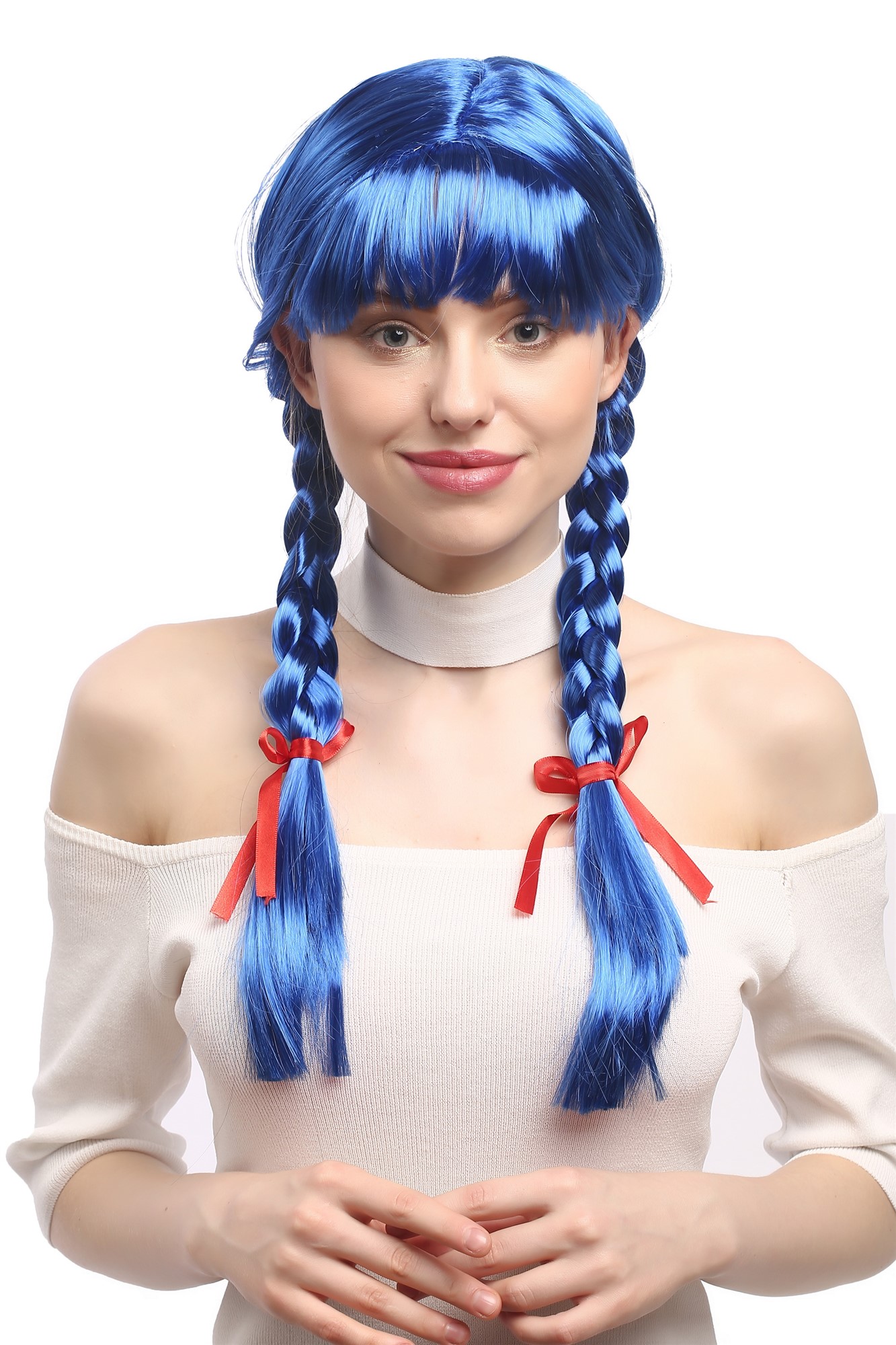 Lady Wig Halloween Lolita schoolgirl long braided plaits fringe blue XR-008, view 2, WIG ME UP: Your Perücken Online Shop Party Wig, Ladies, neon blue, Braided, long