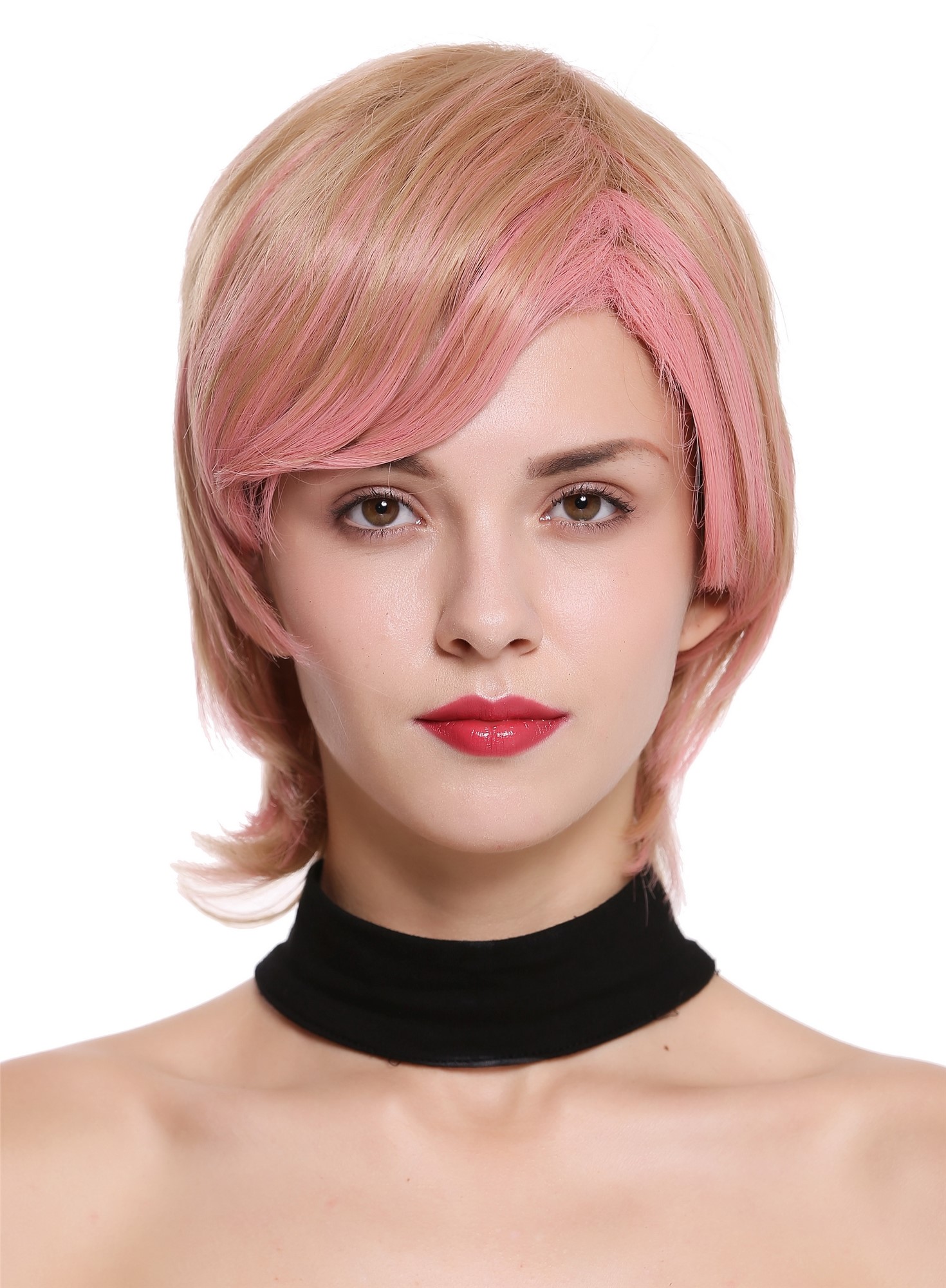 hochwertige Qualitätsperücken, Perücke Kurz Gewellt Dunkelblond Rosa Mix SA099-18-T2312, Ansicht 2, WIG ME UP: Ihr Perücken Online Shop glatte Tressen-Perücke Blond-Rosa-Mix kurze Haare für Damen