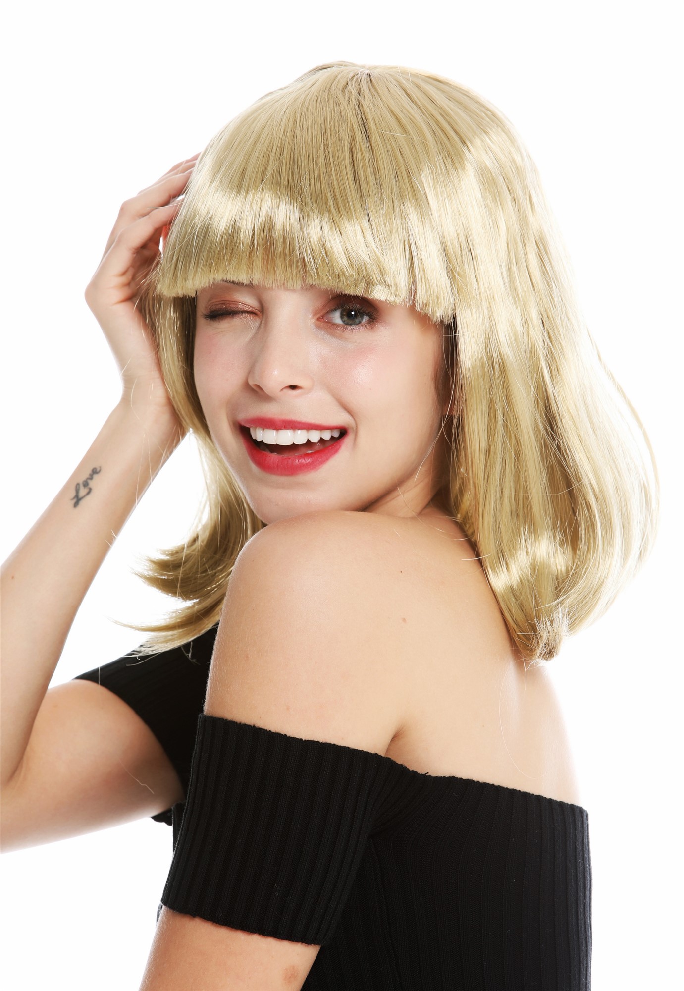 Lady Wig Halloween Disco bob longbob shoulder length bangs golden blonde 0073, view 3, WIG ME UP: Your Perücken Online Shop Party Wig, Ladies, light blonde, straight, short