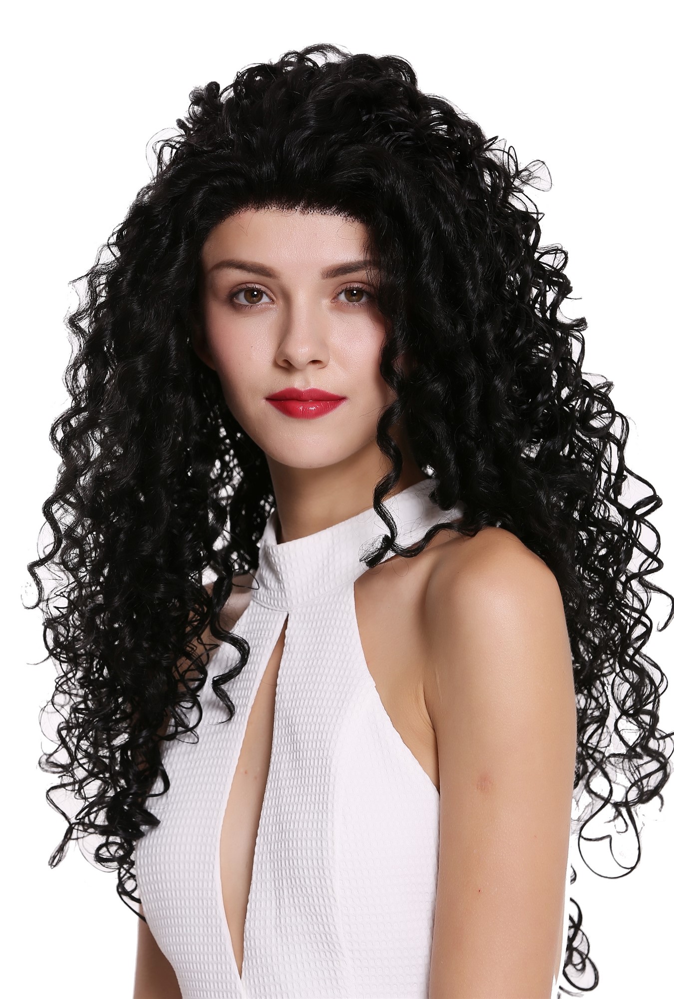 hochwertige Qualitätsperücken, Perücke Lace-Front Lang Locken Schwarz Volumen L006-LF-1B, Vorderansicht, WIG ME UP: Ihr Perücken Online Shop lockige Tressen-Perücke mit Front-Lace Samtschwarz sehr lange Haare für Damen