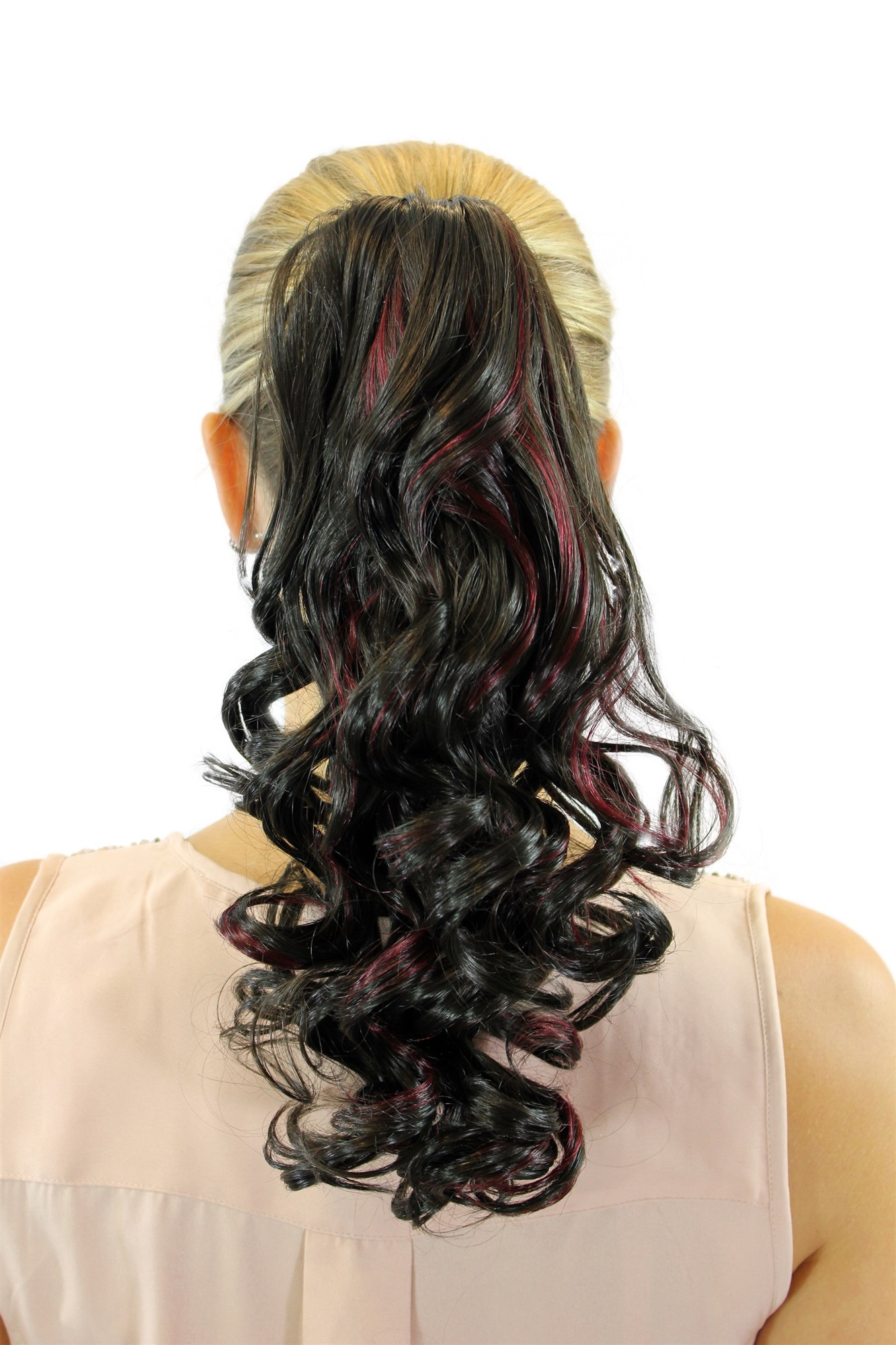XF-0021-4H39R Ponytail Hairpiece extension medium shoulder length curled curls voluminous dark brown streaked with red 14", view 2, WIG ME UP: Your Perücken Online Shop Ponytails, dark brown-red mix, curled, shoulder-length