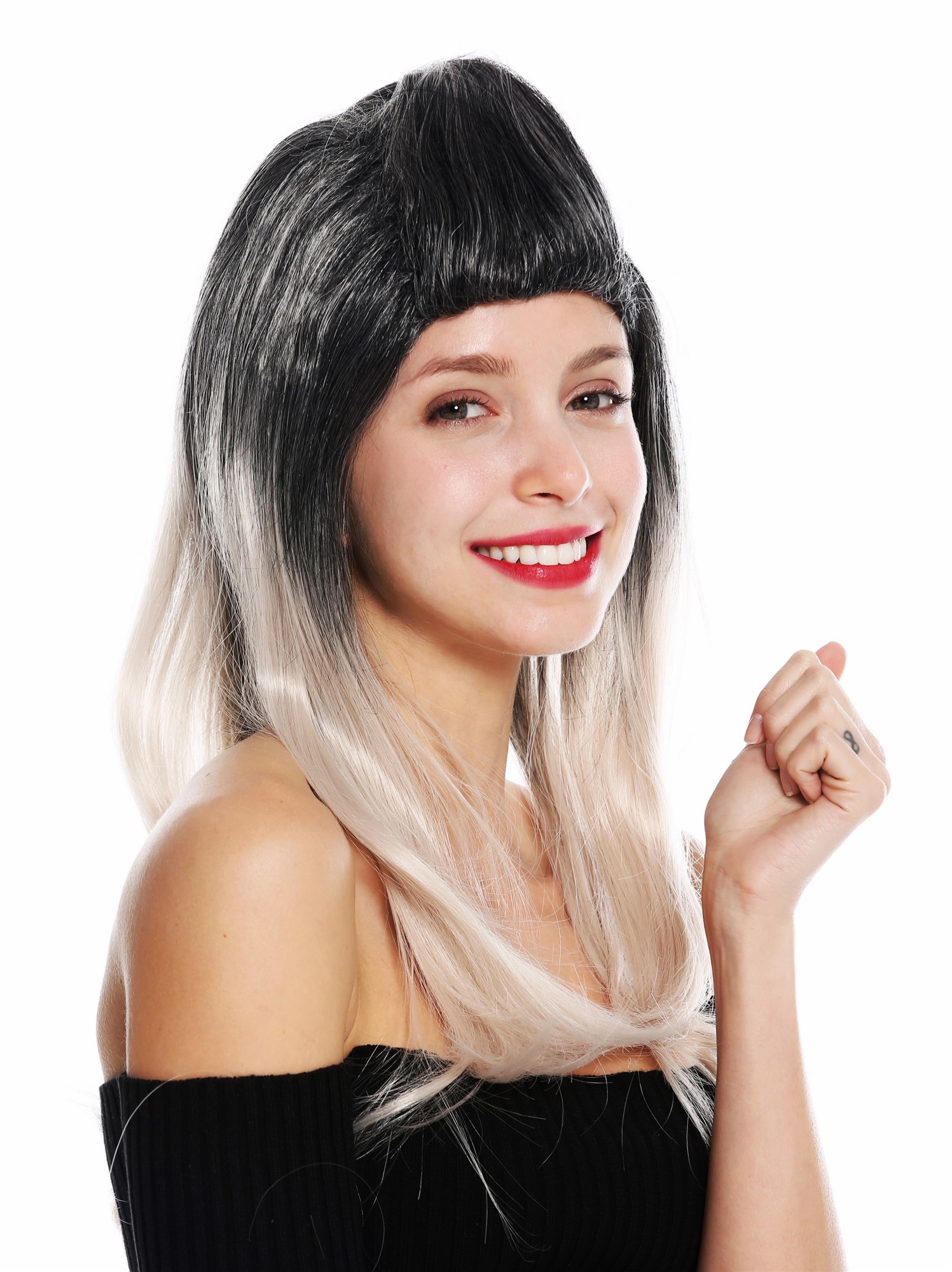 hochwertige Qualitätsperücken, Perücke lang Zopf zurückgekämmt Ombre Schwarz Rosa GFW3132-1TG216, Vorderansicht, WIG ME UP: Ihr Perücken Online Shop glatte Tressen-Perücke Schwarz-Rosa-Mix lange Haare für Damen