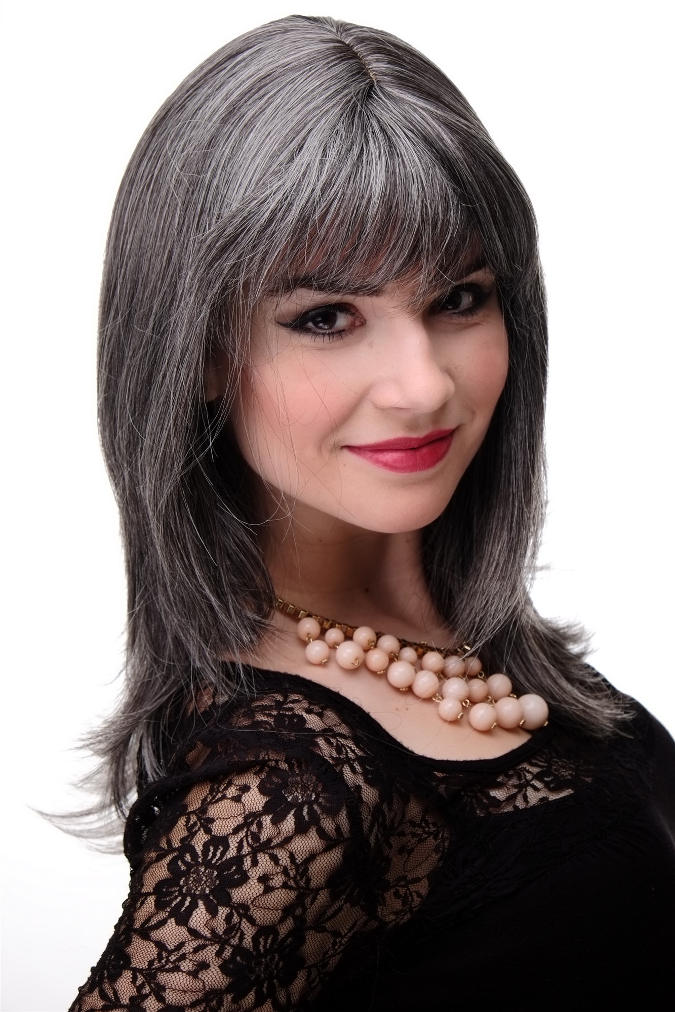 Lady wig medium length fringe parted side straight layered dark grey gray 3003, view 3, WIG ME UP: Your Perücken Online Shop Quality Wigs, Ladies, dark brown-gray mix, straight, long