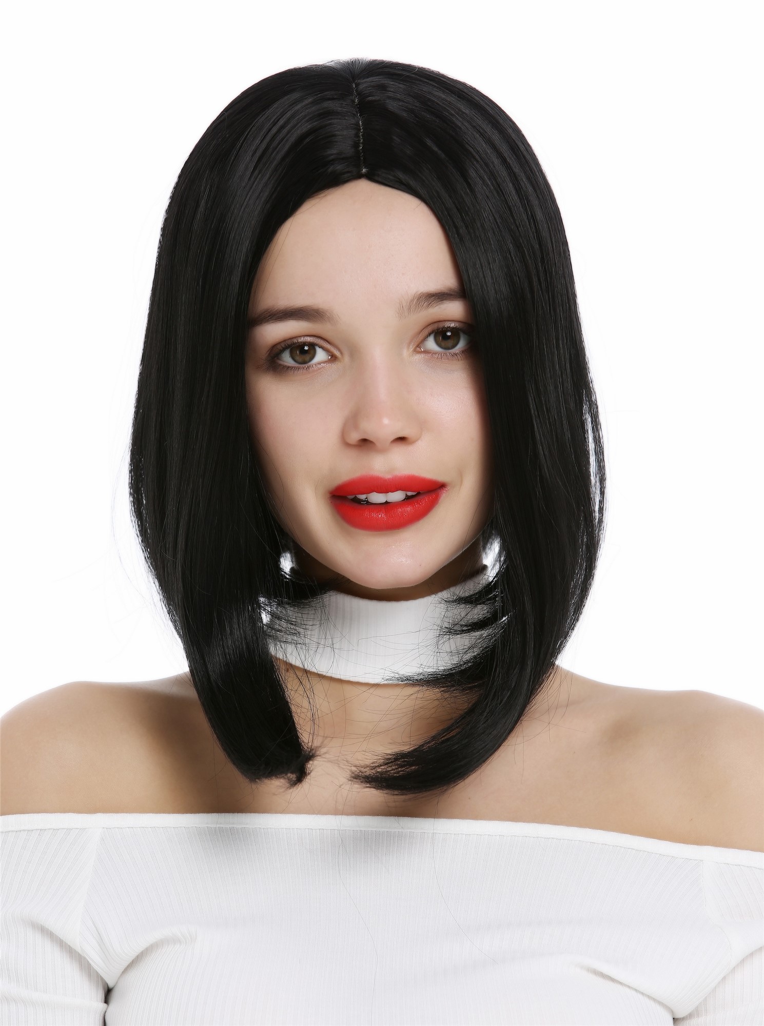 hochwertige Qualitätsperücken, Perücke kurz konkaver Bob Longbob Mittelscheitel Schwarz YZF-4365-1B, Ansicht 2, WIG ME UP: Ihr Perücken Online Shop glatte Tressen-Perücke mit Kopfhaut-Imitat Samtschwarz kurze Haare für Damen