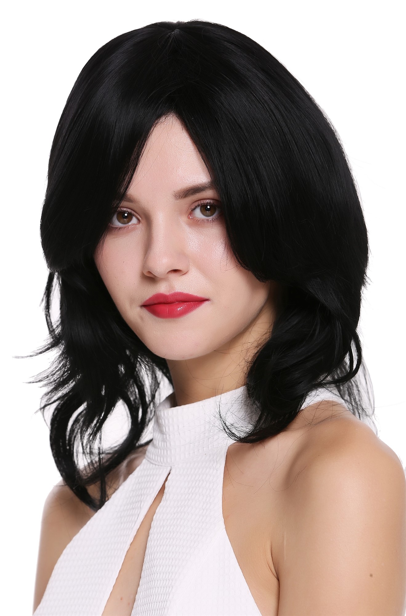 Lady women wig shoulder length voluminous wavy parting black SA089, front view, WIG ME UP: Your Perücken Online Shop Quality Wigs, Ladies, Black, wavy, shoulder-length