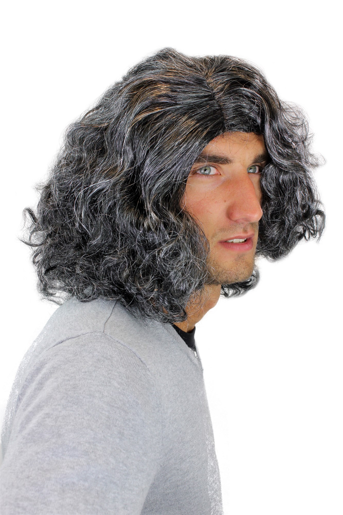 günstige Party Perücke, Perücke & Bart Urmensch Neandertaler Schwarz-Grau-Mix 6098, Ansicht 7, WIG ME UP: Ihr Perücken Online Shop wellige Party Perücke Grau schulterlange Haare Unisex