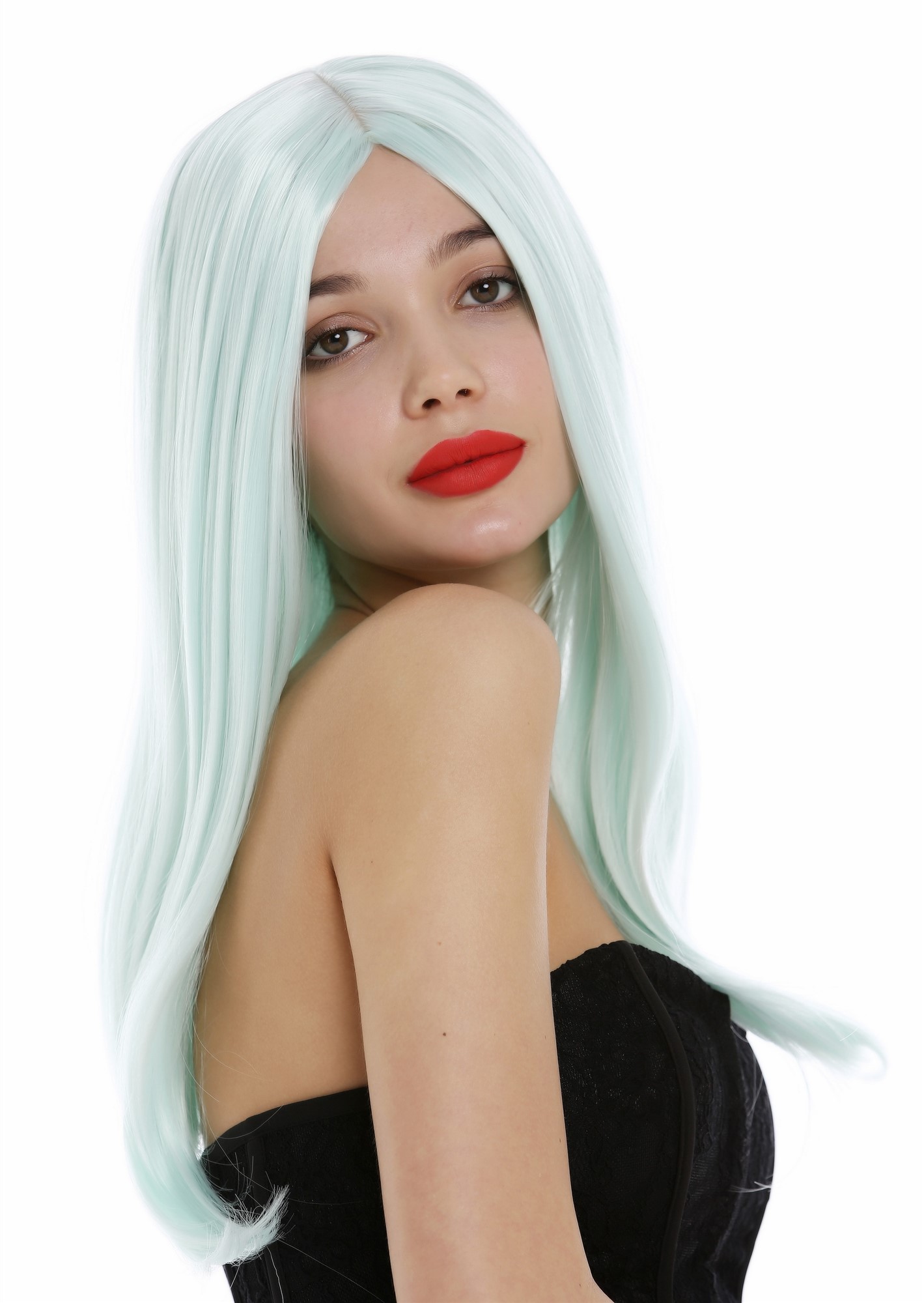 hochwertige Qualitätsperücken, Damen Perücke lang glatt Mittelscheitel Grün Hellgrün SA-151-T5507, Vorderansicht, WIG ME UP: Ihr Perücken Online Shop glatte Tressen-Perücke mit Kopfhaut-Imitat Hellgrün lange Haare für Damen