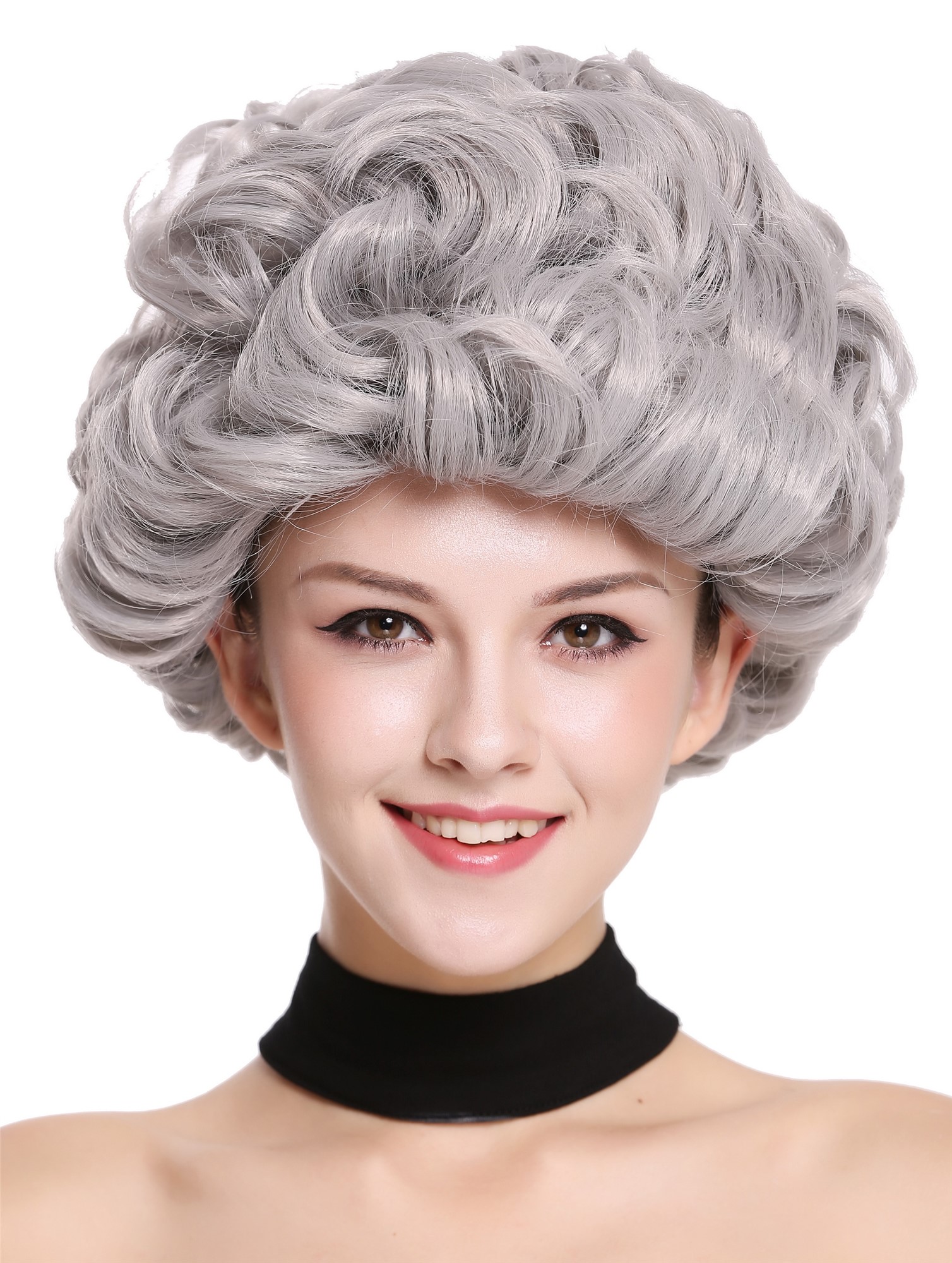 Lady Party Wig grey gray curls volume Granny old older High Society Dame  91097, front view, WIG ME UP: Your Perücken Online Shop Party Wig, Ladies, Grey, wavy, short