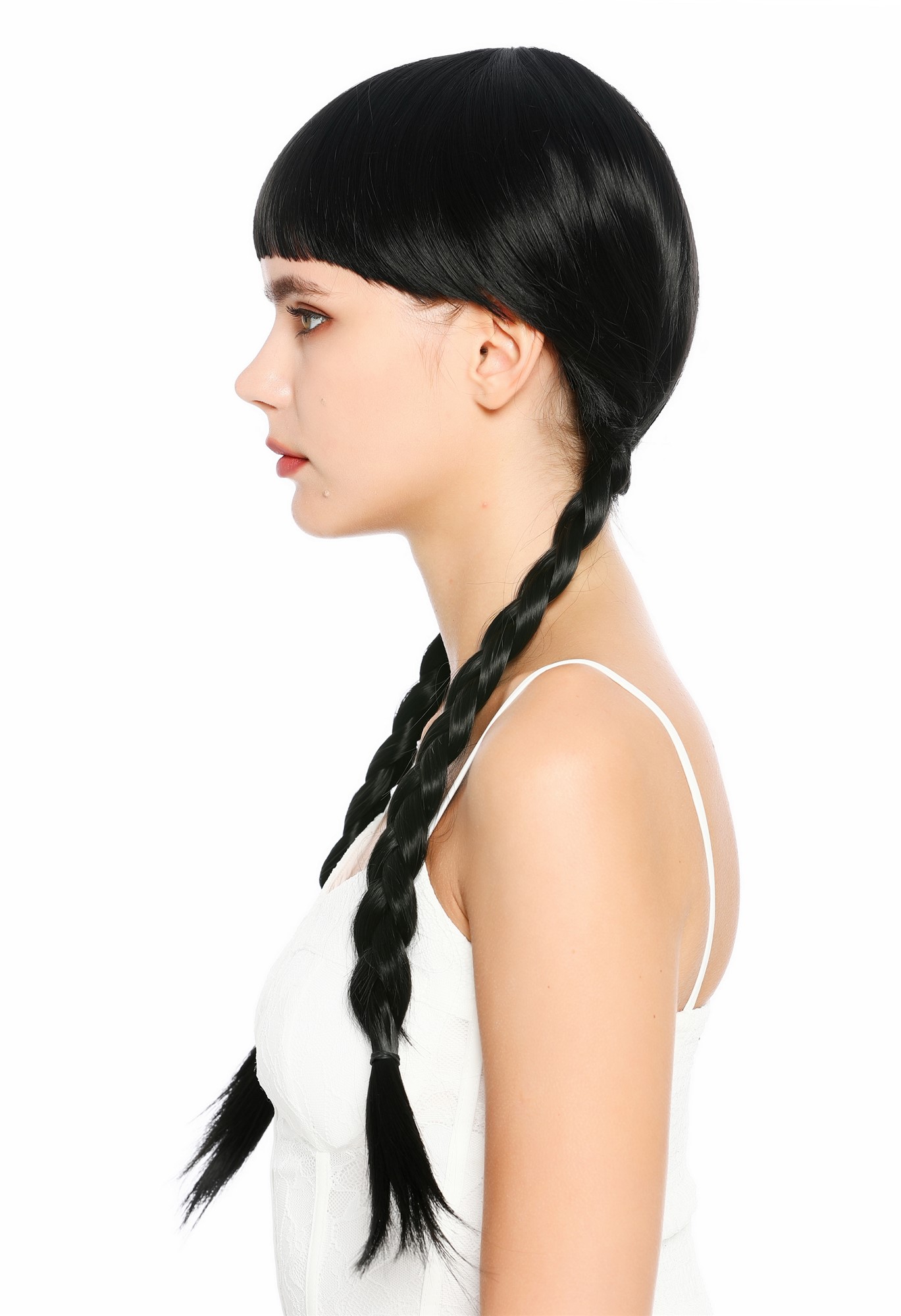 Damenperücke zwei geflochtene Zöpfe lang Schwarz Pony Micropony SZL1342-DHT1B