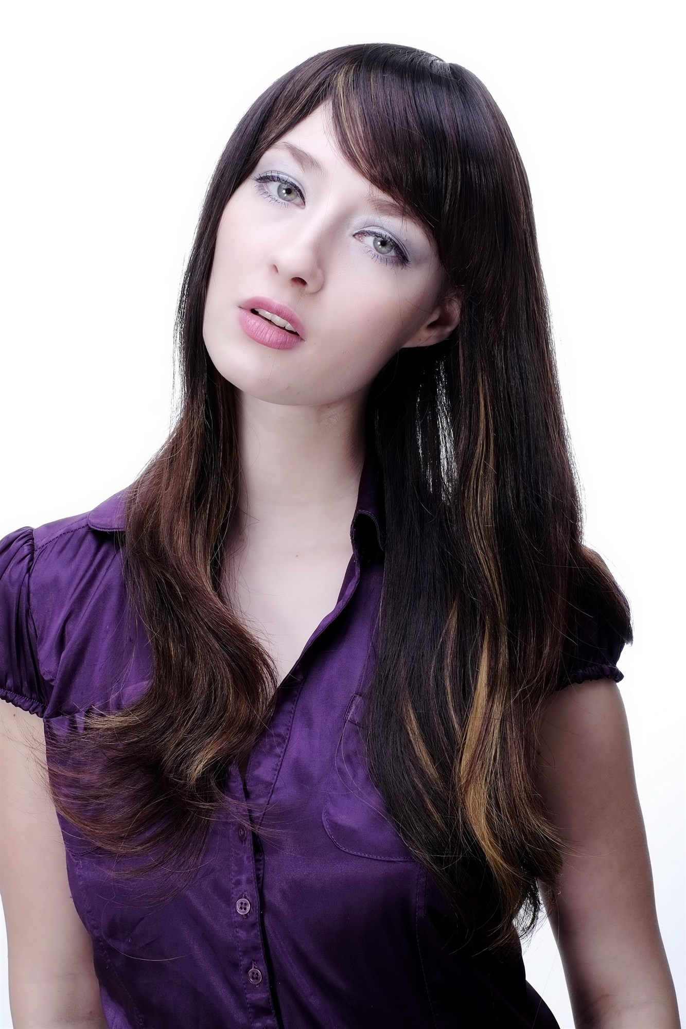 hochwertige Qualitätsperücken, Damen Perücke gesträhntes braun 9213-2T33-27, Vorderansicht, WIG ME UP: Ihr Perücken Online Shop glatte Tressen-Perücke mit Kopfhaut-Imitat Schwarzbraun Mahagonibraun Erdbeerblond lange Haare für Damen