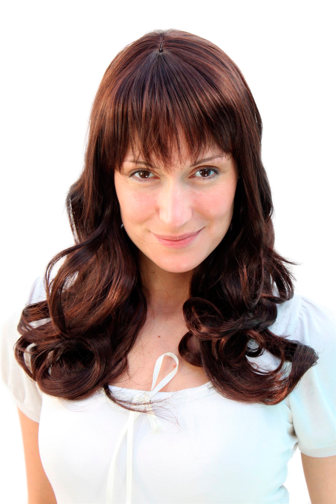 Lady women wig long beautiful curling tips fringe bangs mahogany brown mix 3001, front view, WIG ME UP: Your Perücken Online Shop Quality Wigs, Ladies, brown mix, wavy, long
