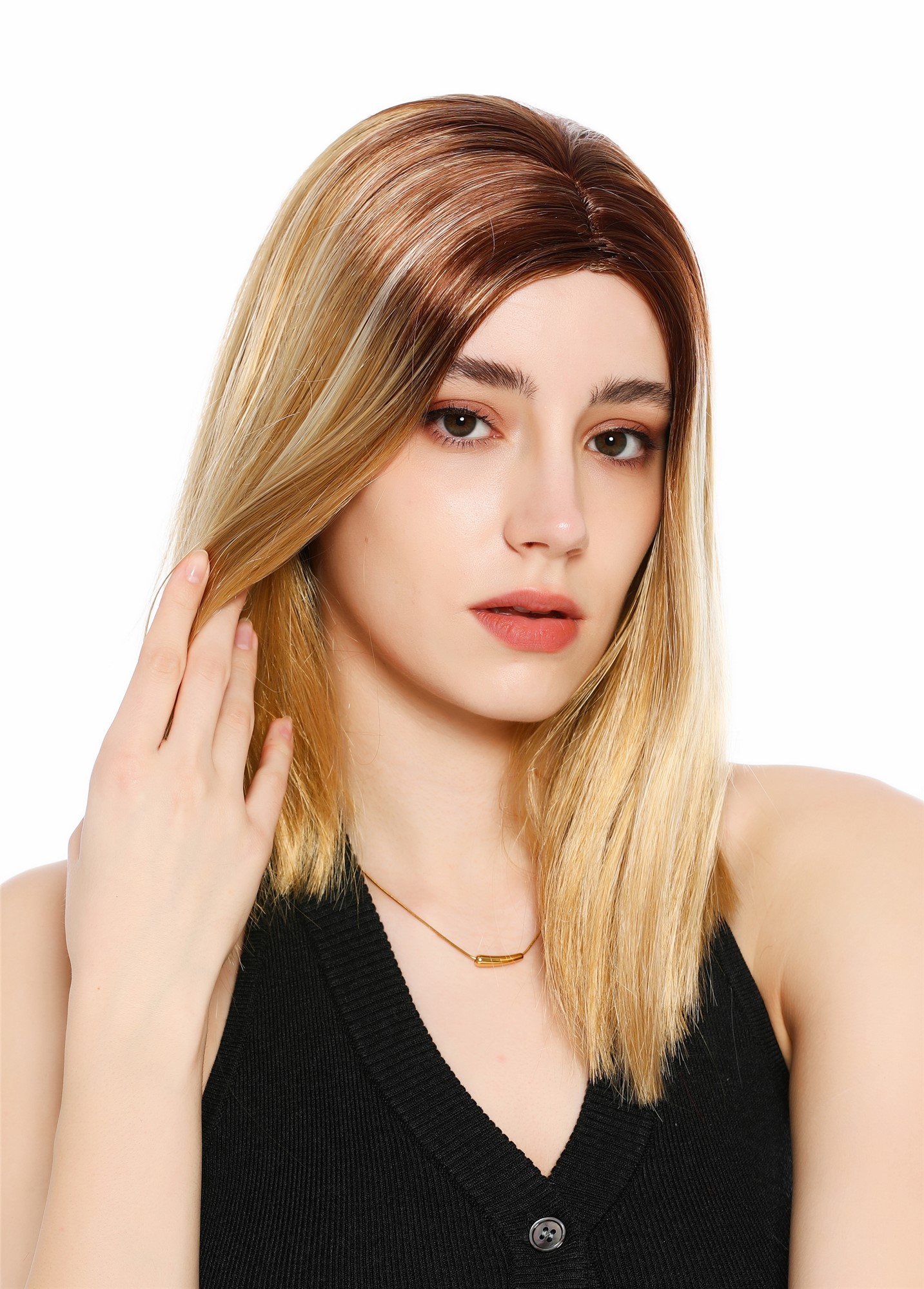 Perücke Damen schulterlang Longbob glatt Mittelscheitelt Ombre Balayage Highlights Braun Blond GFW4029S-124H613+33