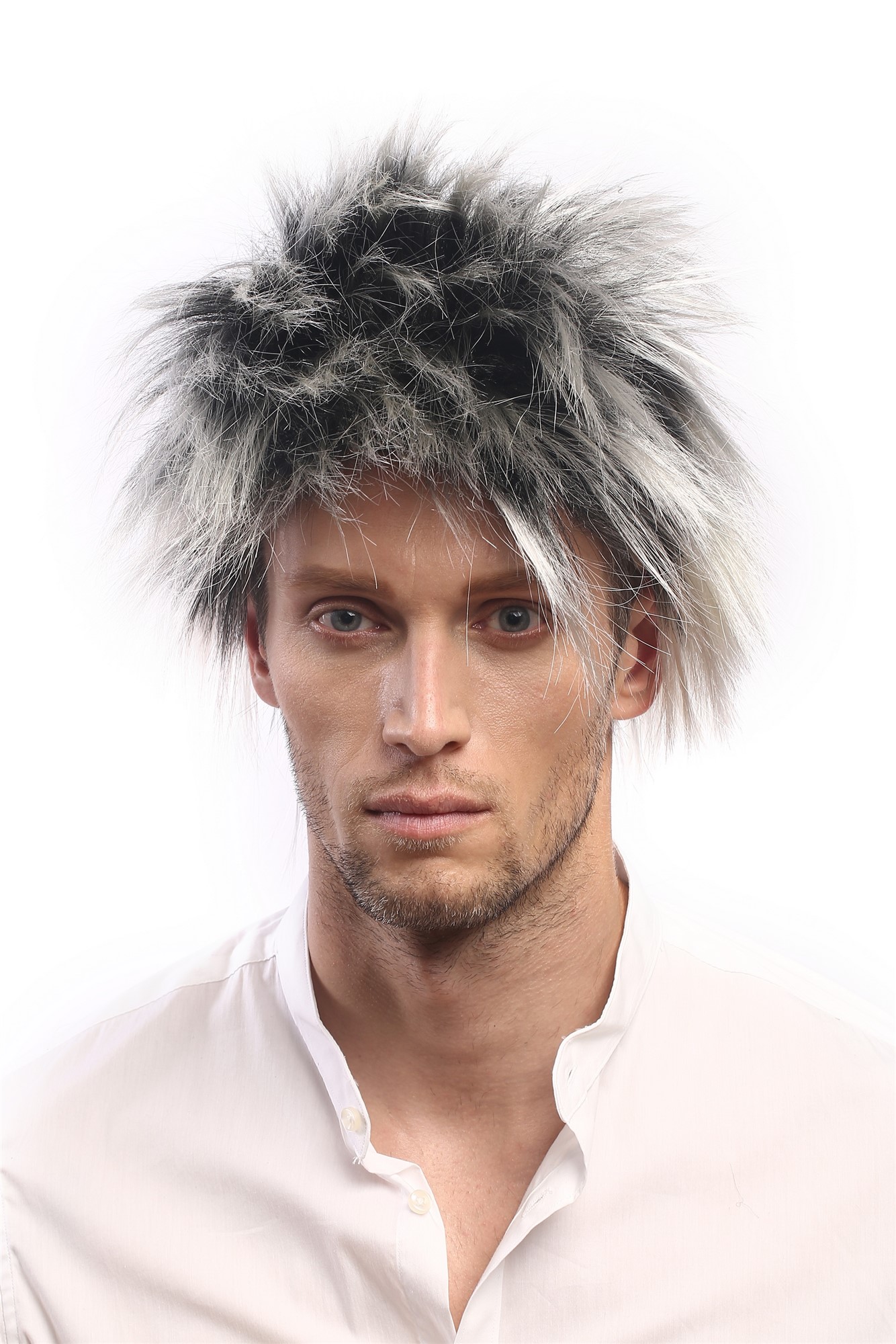 Man Lady Party Wig 80s Punk Wave Black & Platinum Spiky Backcombed short 60287, front view, WIG ME UP: Your Perücken Online Shop Party Wig, Men, Black,Blonde, wavy, short