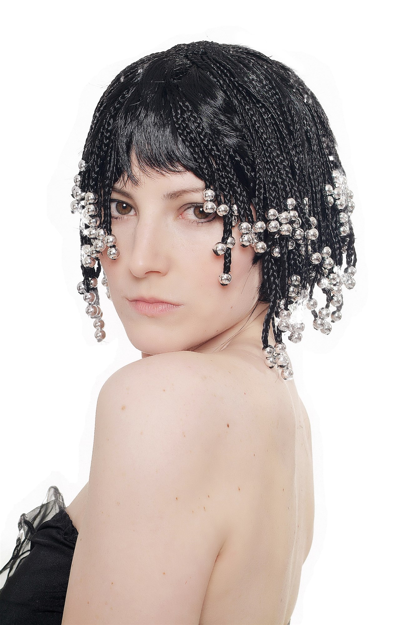 Halloween Lady wig braided hair pearls Beach Hippe Goa Thailand Caribbean 4199, front view, WIG ME UP: Your Perücken Online Shop Party Wig, Ladies, Black, curled, short
