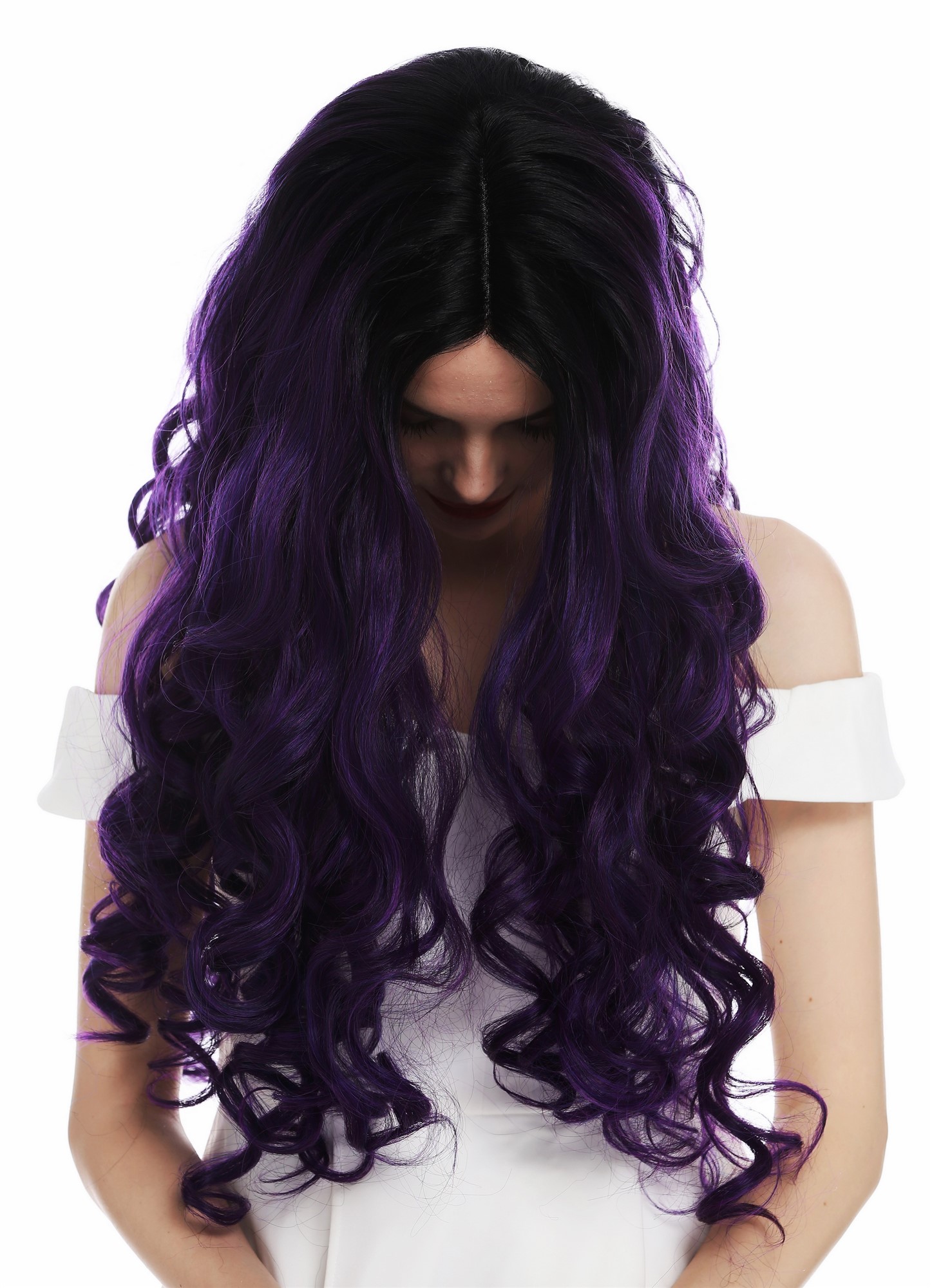 hochwertige Qualitätsperücken, Perücke Lace-Front extrem lang voluminös gelockt Ombre Schwarz Violett DW2904-MF-PURPLEYS1B, Ansicht 5, WIG ME UP: Ihr Perücken Online Shop lockige Tressen-Perücke mit Teil-Mono Oberkopf, Front-Lace Violett-Schwarz-Mix sehr lange Haare für Damen