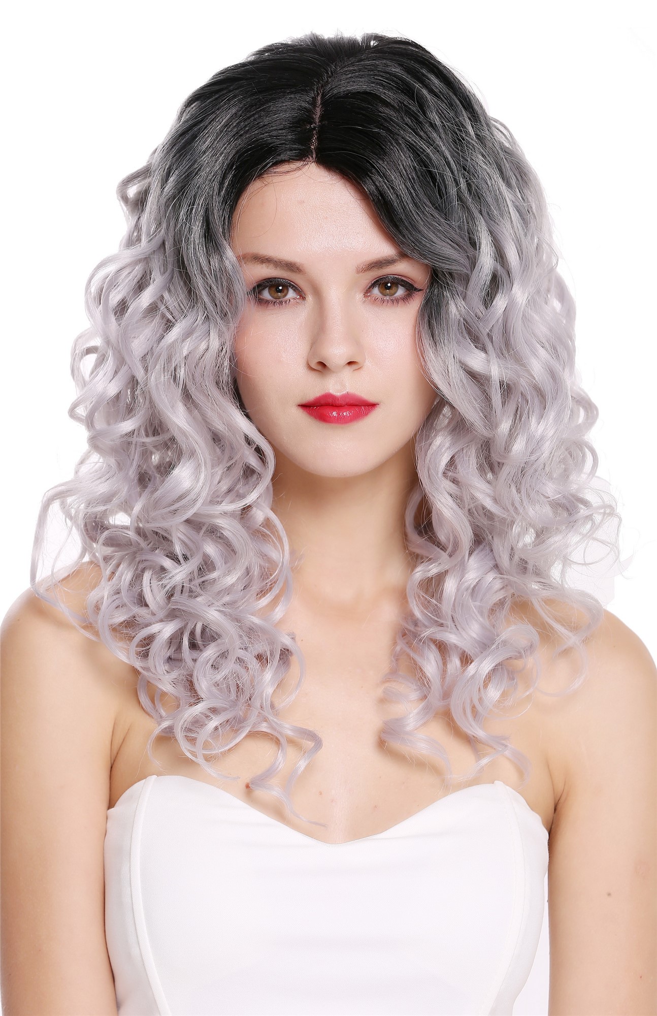 hochwertige Qualitätsperücken, Perücke Locken Volumen Lang Scheitel Ombre Schwarz Grau RGF-6467C-T1B/SILVER, Vorderansicht, WIG ME UP: Ihr Perücken Online Shop lockige Tressen-Perücke mit Kopfhaut-Imitat Schwarz-Silbergrau lange Haare für Damen