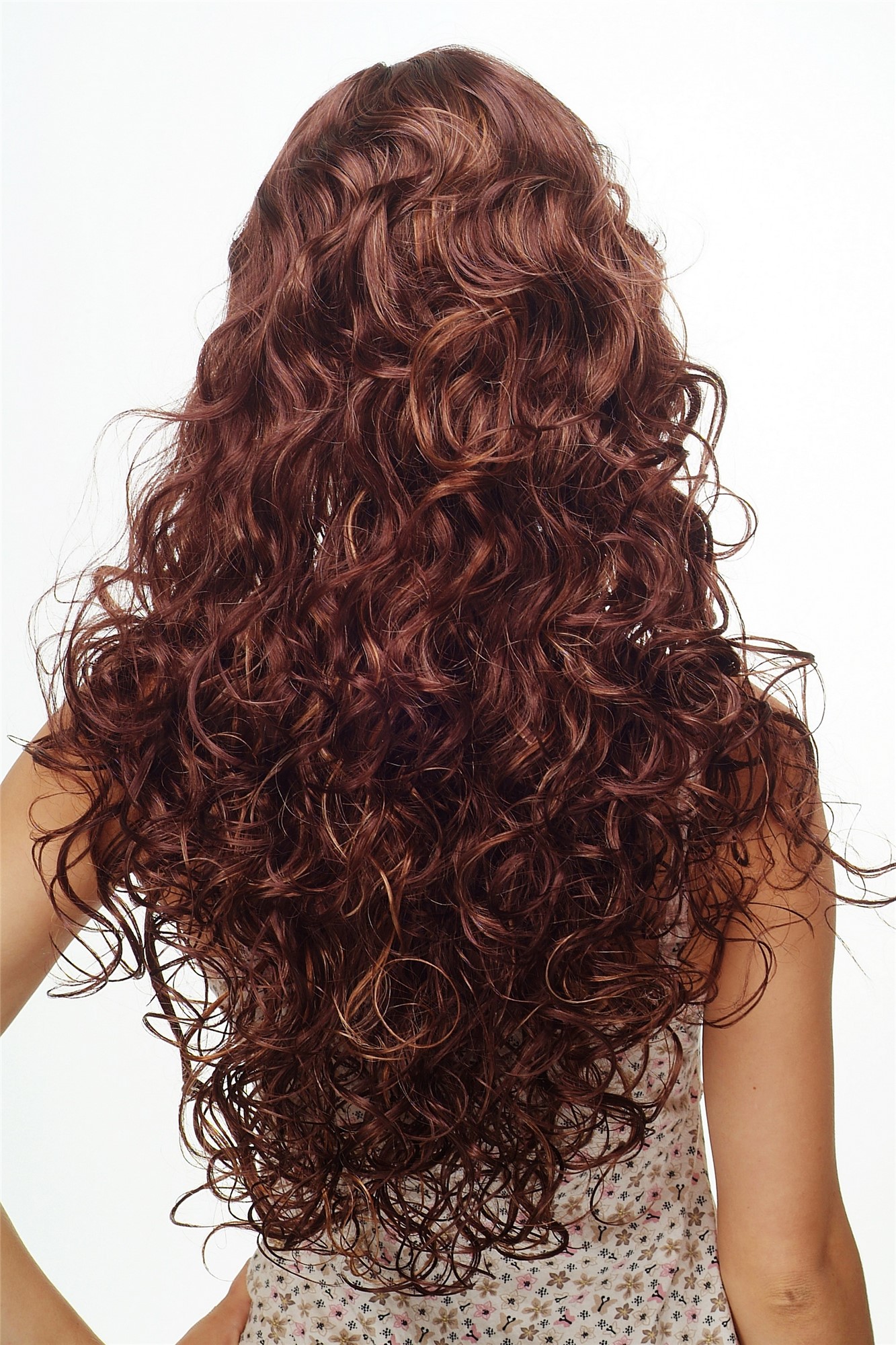 hochwertige Qualitätsperücken, Damenperücke Volumen Locken Mahagoni Braun Blond Modell: DW1086A, Ansicht 4, WIG ME UP: Ihr Perücken Online Shop lockige Tressen-Perücke mit Kopfhaut-Imitat Braun-Blond-Mix lange Haare für Damen