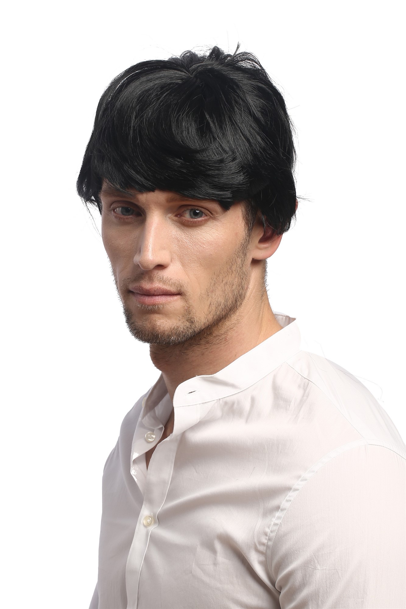 91087-ZA103 Man Gents Party Wig Halloween Fancy Dress black short fringe parting to side, view 2, WIG ME UP: Your Perücken Online Shop Party Wig, Men, Black, wavy, short