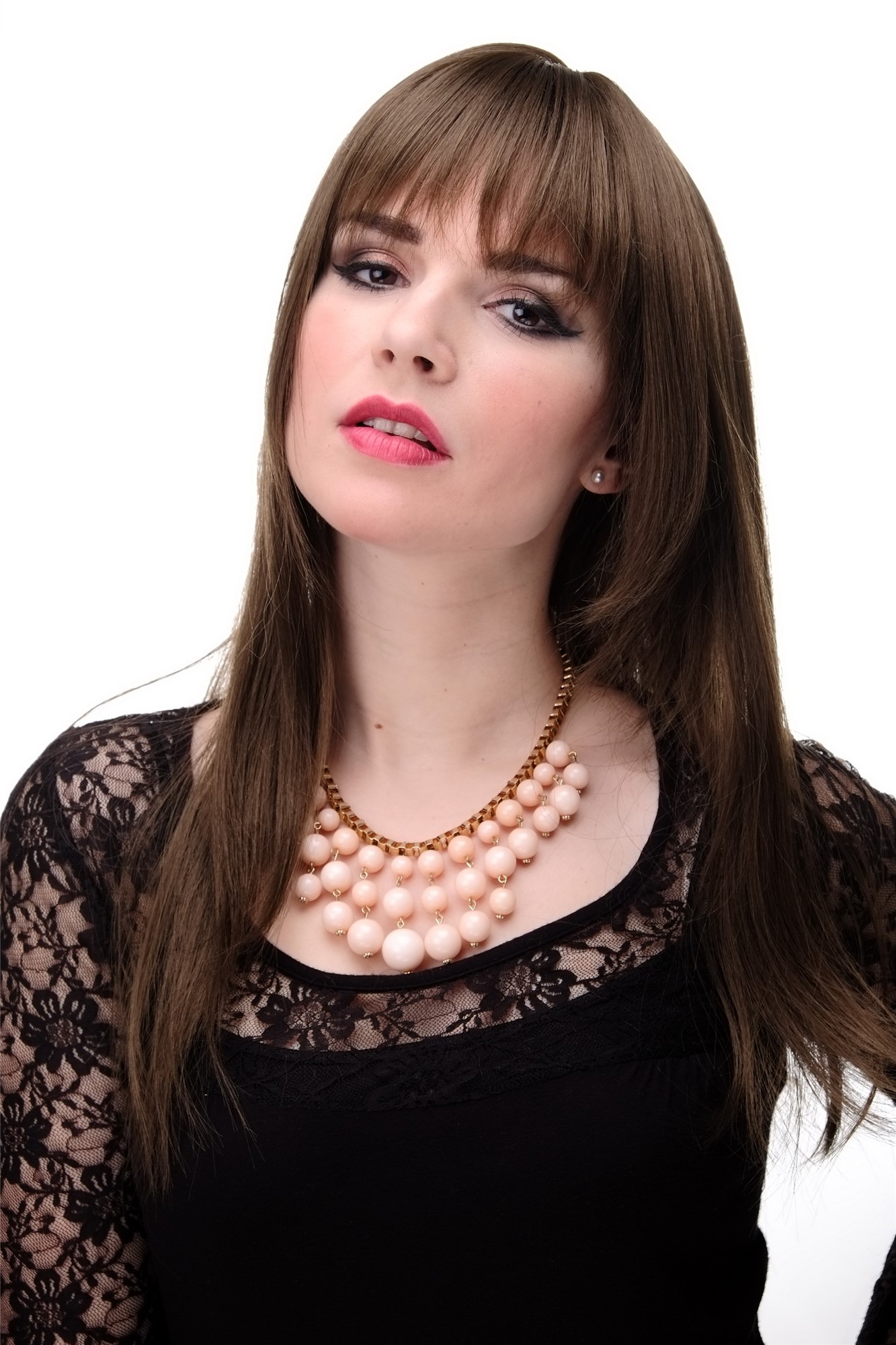 Lady women wig medium long straight sleek fringe bangs medium brown 3280, front view, WIG ME UP: Your Perücken Online Shop Quality Wigs, Ladies, medium golden brown, straight, long