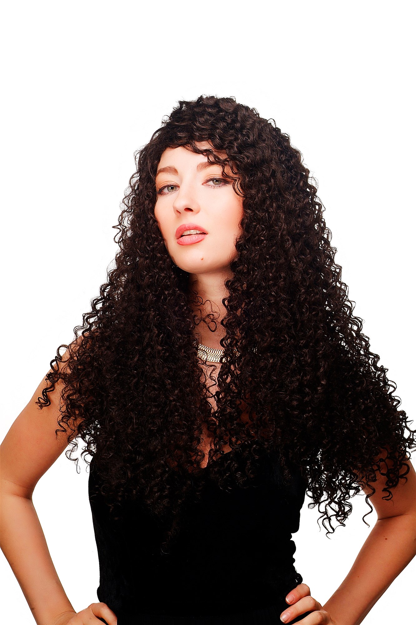 hochwertige Qualitätsperücken, Perücke Karibik dunkelbraun Kinks Locken Latina BA-1-4, Vorderansicht, WIG ME UP: Ihr Perücken Online Shop lockige Tressen-Perücke Braun lange Haare für Damen