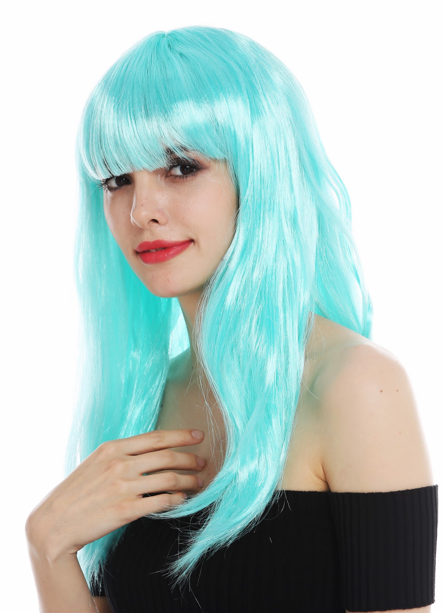 Wig carnival Halloween women ladies long sleek straight fringe light blue 32582 , view 3, WIG ME UP: Your Perücken Online Shop Party Wig, Ladies, turquoise blue, straight, long