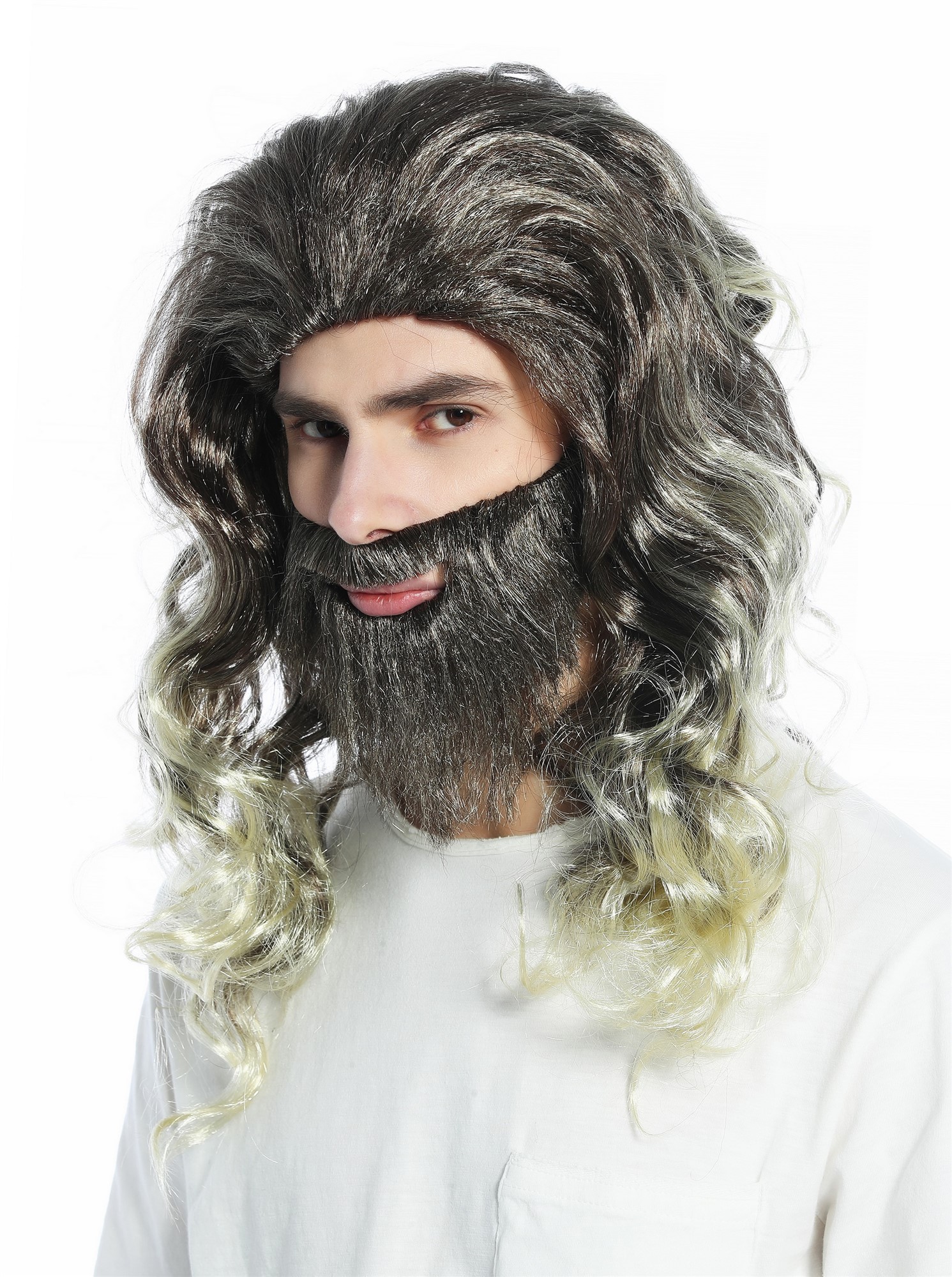 günstige Party Perücke, Perücke + Bart Braun Blond gesträhnt Prophet Jesus Moses Hipster CW-024-ZA4TZA89, Vorderansicht, WIG ME UP: Ihr Perücken Online Shop wellige Party Perücke Braun,Blond schulterlange Haare für Herren