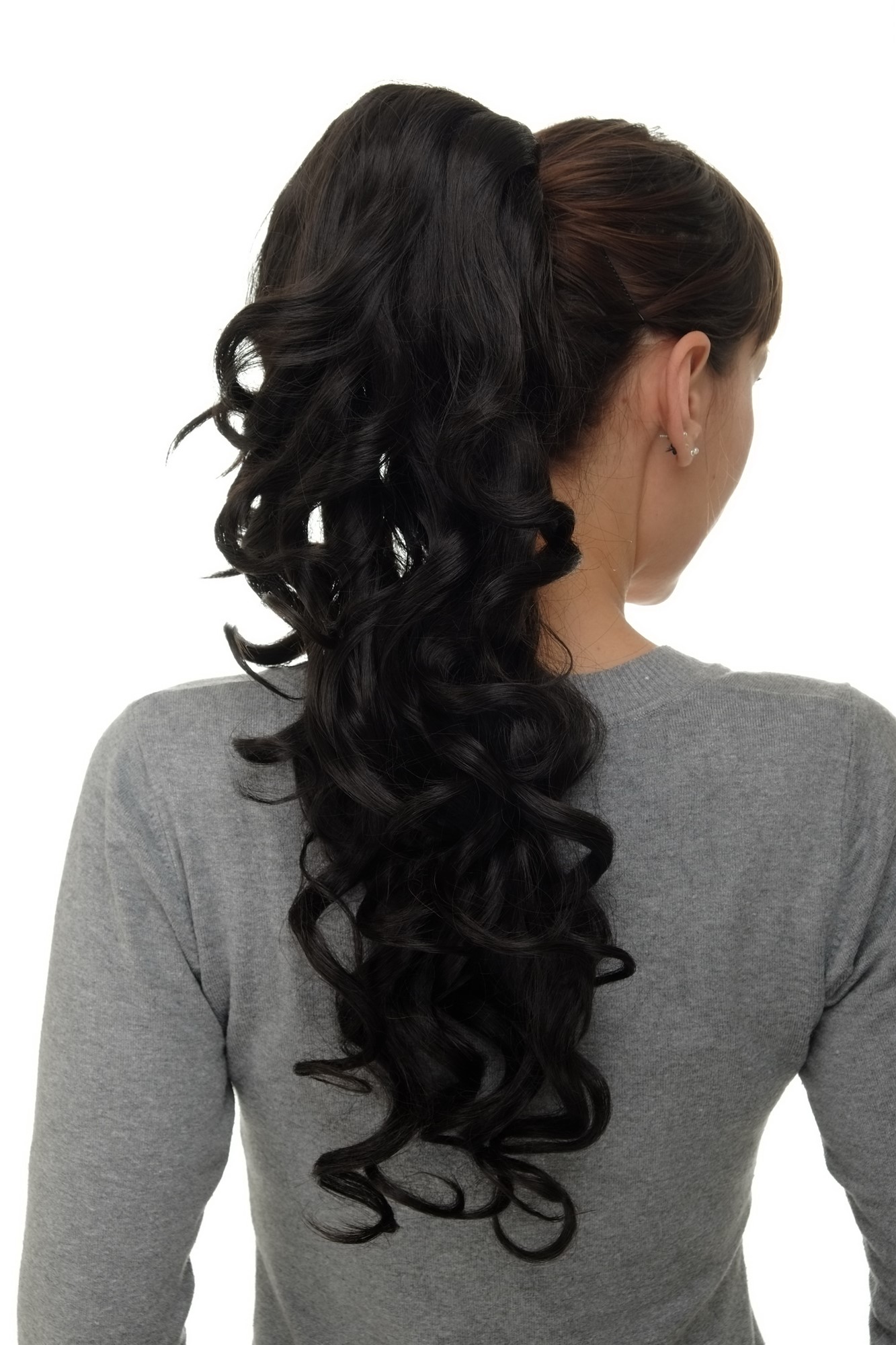 hochwertiges Haarteil Butterfly-Clip + Steckkämme + Gummizug lockig Dunkelbraun WK08-3, Ansicht 4, WIG ME UP: Ihr Perücken Online Shop lockiges Zopf-Haarteil Dunkelbraun 60 cm lang