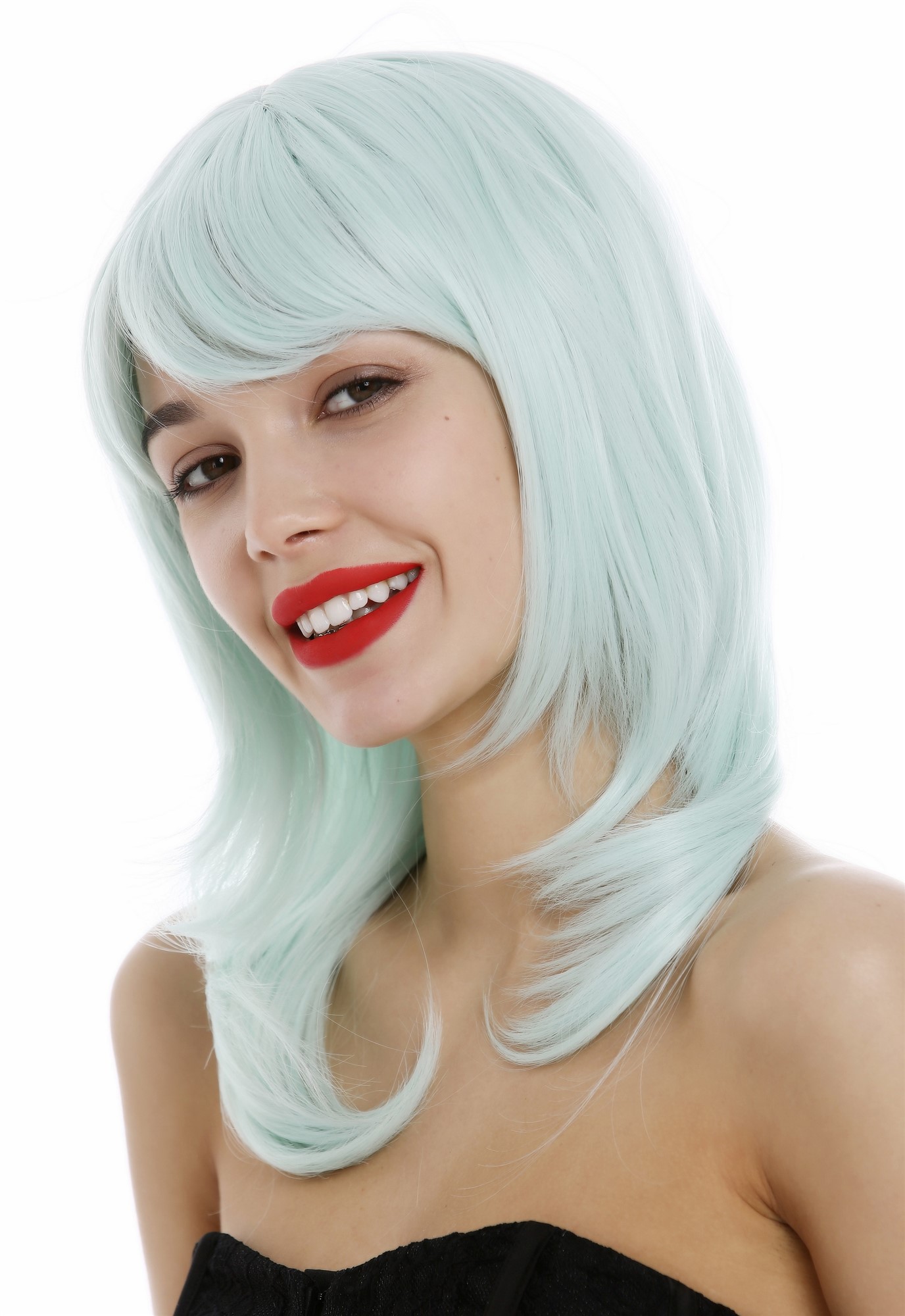 hochwertige Qualitätsperücken, Frauen Perücke schulterlang glatt gestufte Haare Grün Hellgrün 3003-T5507, Ansicht 2, WIG ME UP: Ihr Perücken Online Shop glatte Tressen-Perücke mit Kopfhaut-Imitat Hellgrün schulterlange Haare für Damen