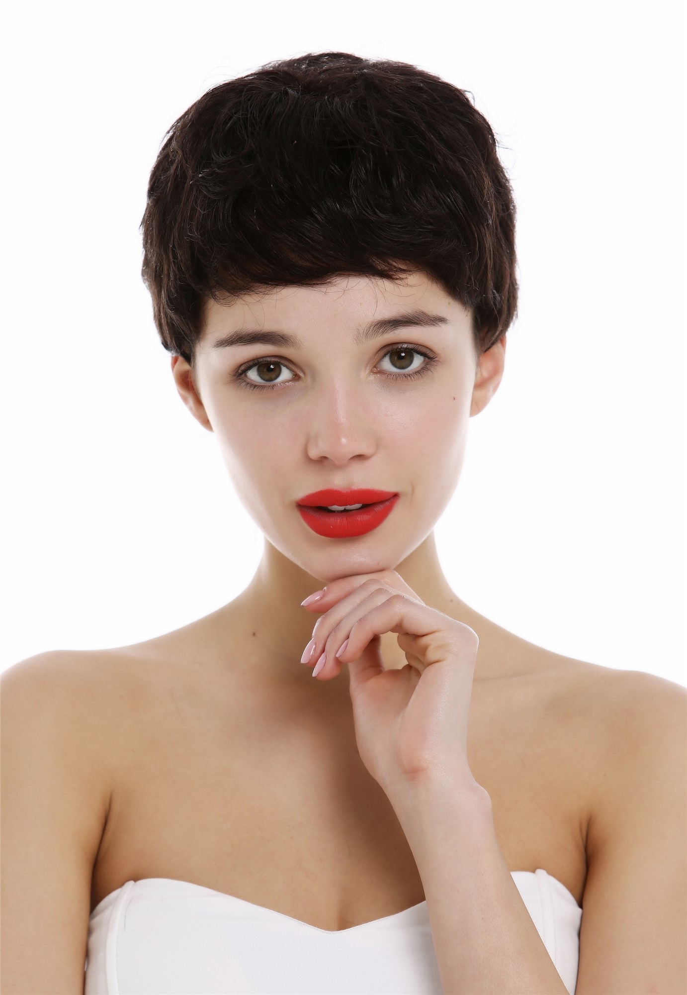 hochwertige Qualitätsperücken, Perücke Echthaar Damen Herren kurz Pixie wild wellig Schwarzbraun BHH-11-2, Vorderansicht, WIG ME UP: Ihr Perücken Online Shop wellige Tressen-Perücke Schwarzbraun kurze Haare für Damen