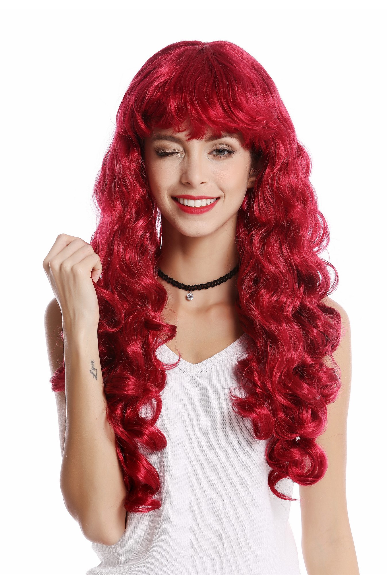 günstige Party Perücke, Perücke lang Locken rot dunkelrot Pony 0082-ZA13A, Vorderansicht, WIG ME UP: Ihr Perücken Online Shop lockige Party Perücke Rot lange Haare für Damen