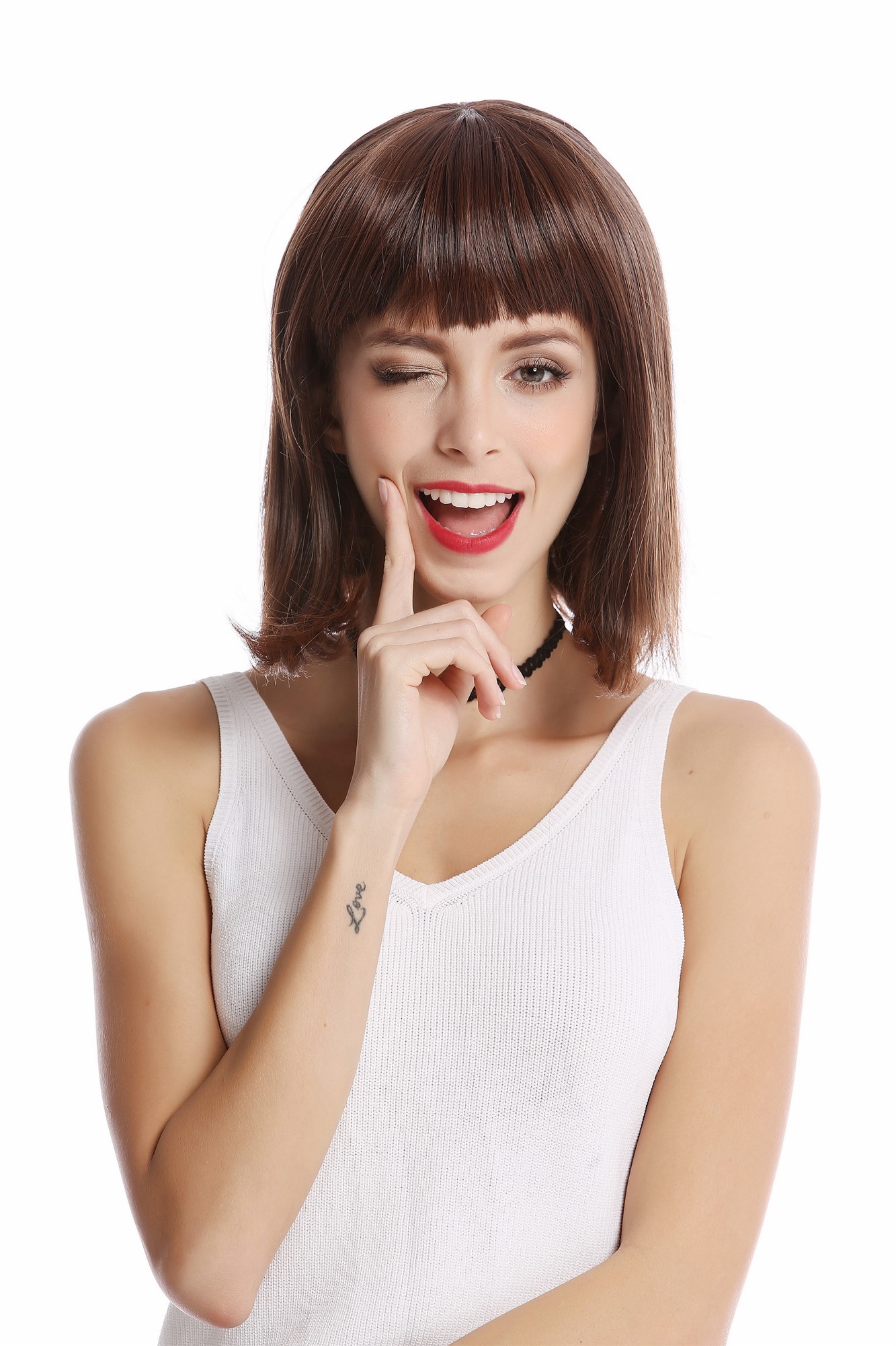 hochwertige Qualitätsperücken, Perücke Longbob Pony Kastanie Braun YZF-4375-4/30, Ansicht 2, WIG ME UP: Ihr Perücken Online Shop glatte Tressen-Perücke Dunkelbraun-Kupferbraun-Mix kurze Haare für Damen