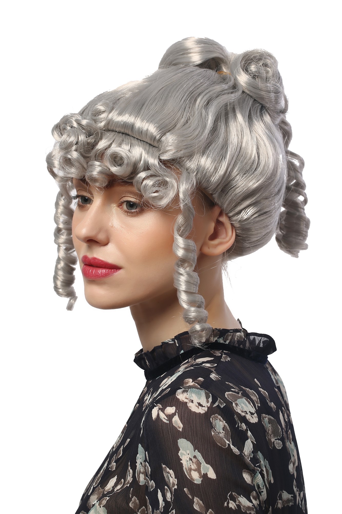 90713-ZA68A Lady Party Wig Halloween historic cosplay Victorian Baroque grey curling strands, front view, WIG ME UP: Your Perücken Online Shop Party Wig, Ladies, Grey, curled, short