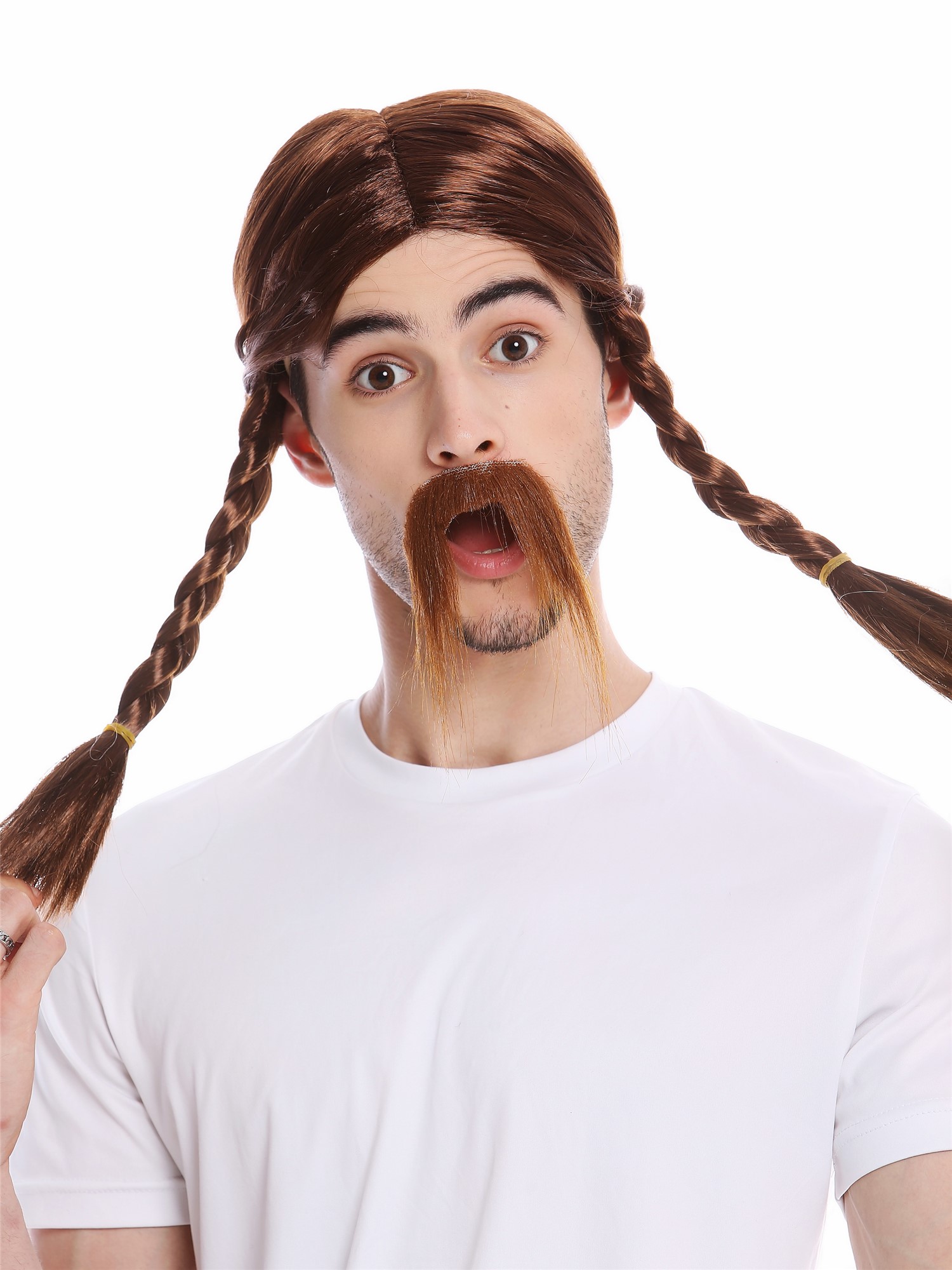 Man Party Wig & Mustache Set brown long braids braided plaited Gaul Viking 91099, front view, WIG ME UP: Your Perücken Online Shop Party Wig, Men, Brown, Braided, long