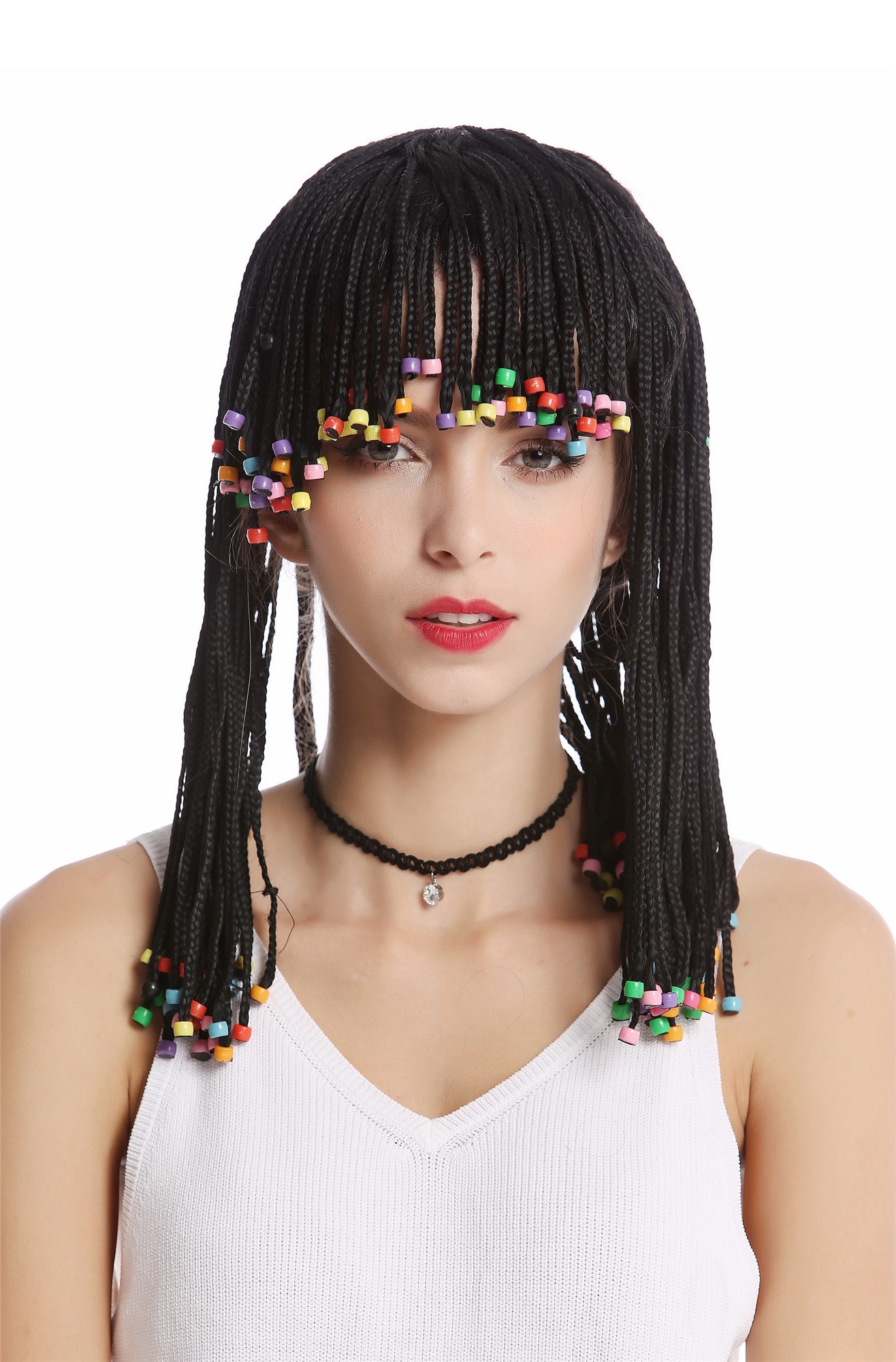 Wig Women Men braided strands + pearls Afro Caribbean style Reggae Gigiolo Soccer Beach Hippy, front view, WIG ME UP: Your Perücken Online Shop Party Wig, Ladies, Black, Braided, shoulder-length