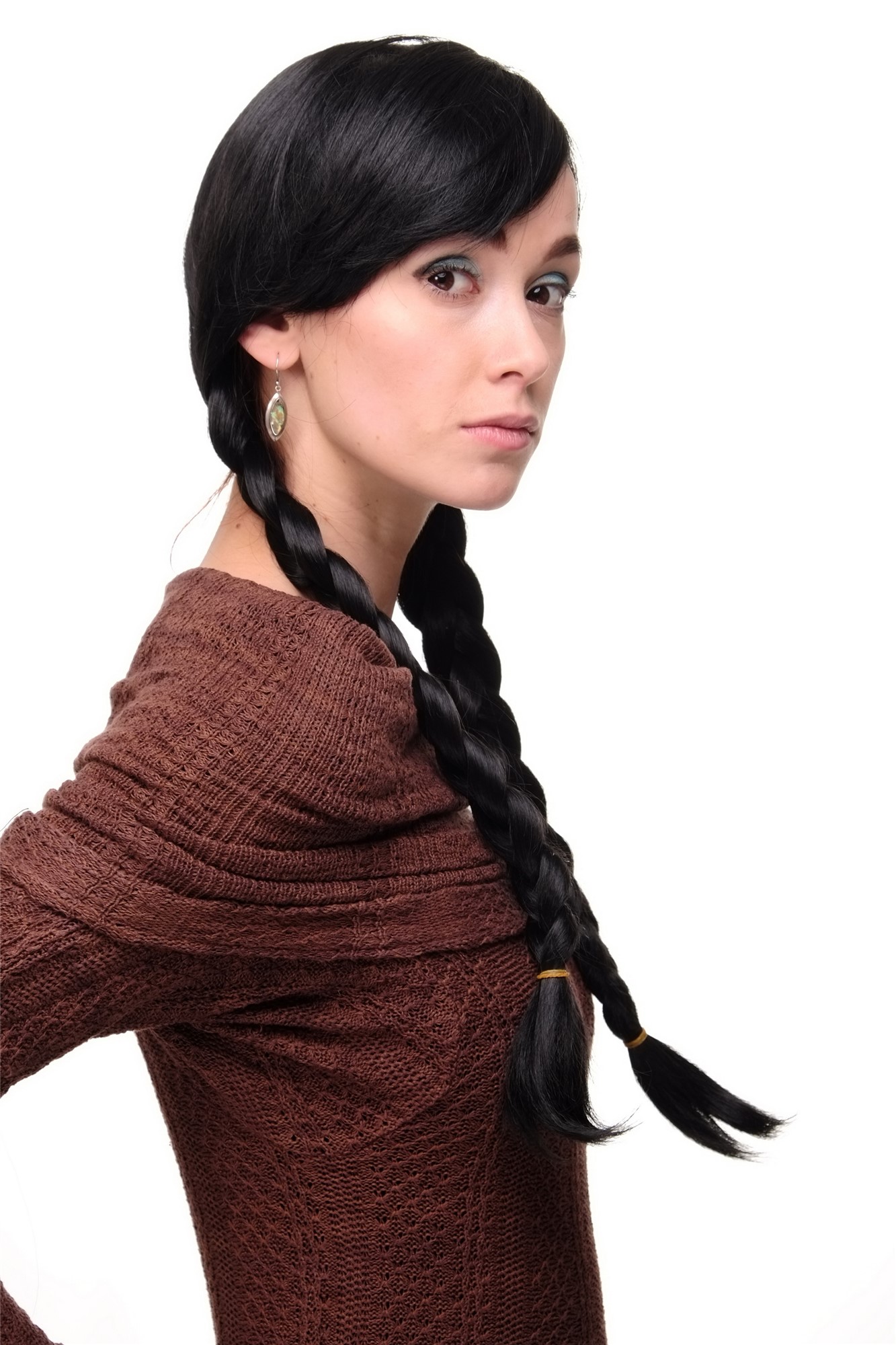 hochwertige Qualitätsperücken, Damen Perücke geflochtene Zöpfe Schulmädchen-Look Schwarz Modell: 3446, Ansicht 2, WIG ME UP: Ihr Perücken Online Shop geflochtene Tressen-Perücke Samtschwarz lange Haare für Damen