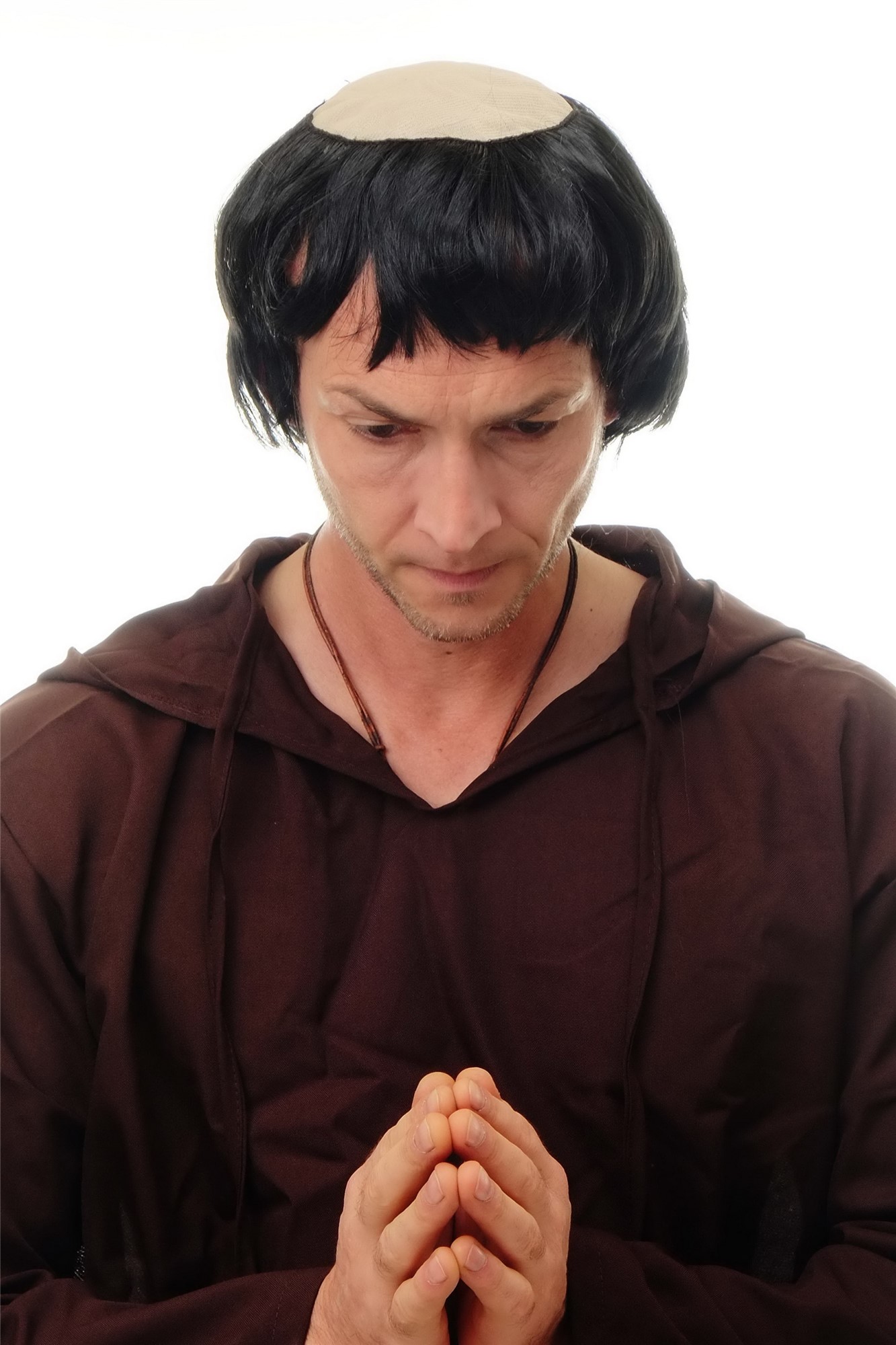 90776-ZA103 Man Party Wig Halloween Fancy Dress tonsure black Abbott Monk Priest Medival, front view, WIG ME UP: Your Perücken Online Shop Party Wig, Men, Black, straight, short