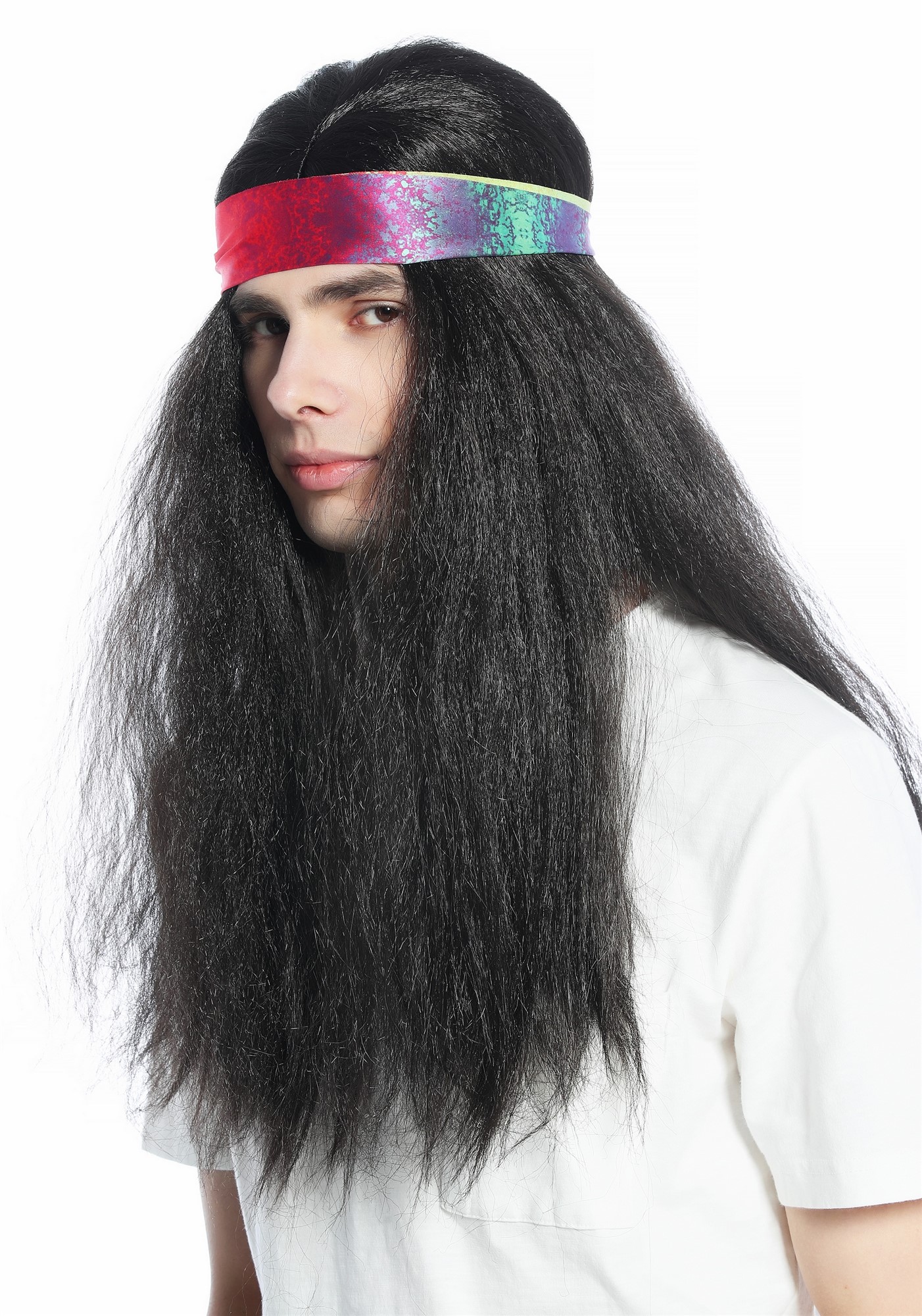 CW-028-P1 Halloween Carnival wig & headband set men women long black 70s Hippie, view 3, WIG ME UP: Your Perücken Online Shop Party Wig, Unisex, black-brown, wavy, long