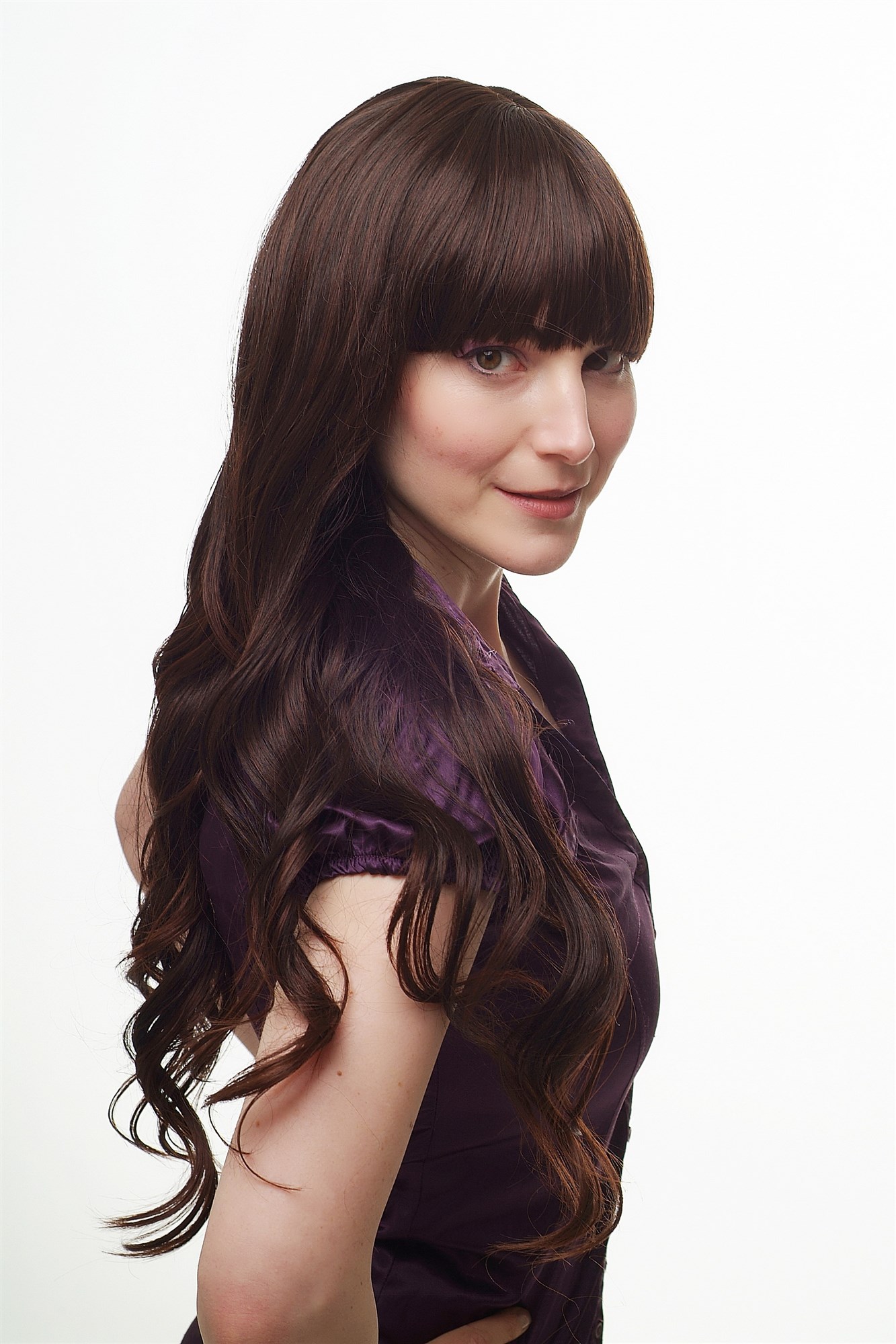 Lady  Wig LONG straight slightly wavy cute bangs fringe DARK BROWN + strands mahogany, view 6, WIG ME UP: Your Perücken Online Shop Quality Wigs, Ladies, Brown, wavy, very long