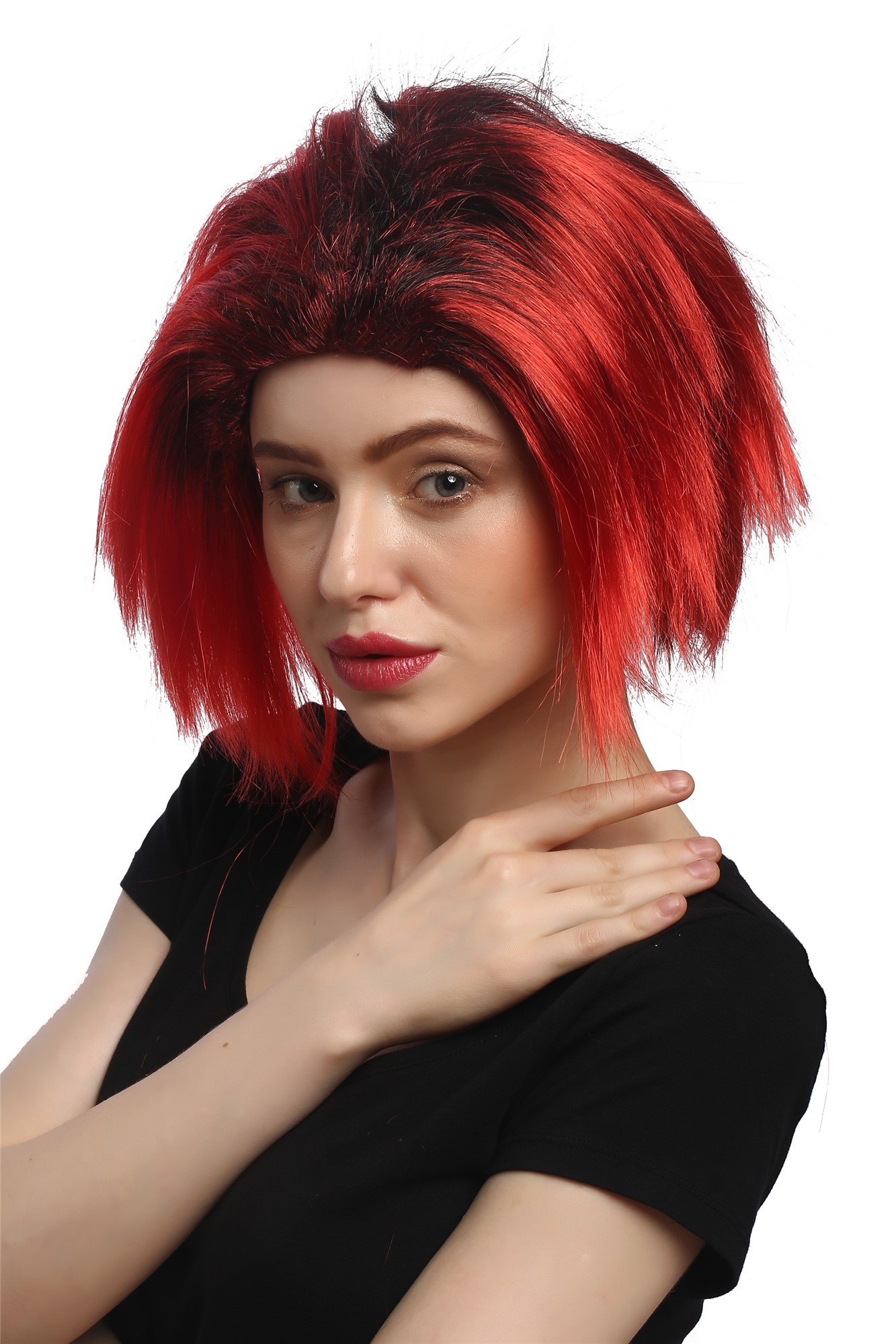 Lady Party Wig Halloween Vamp short straight middle parting red black strands She-Devil Demon, front view, WIG ME UP: Your Perücken Online Shop Party Wig, Ladies, Red, straight, short