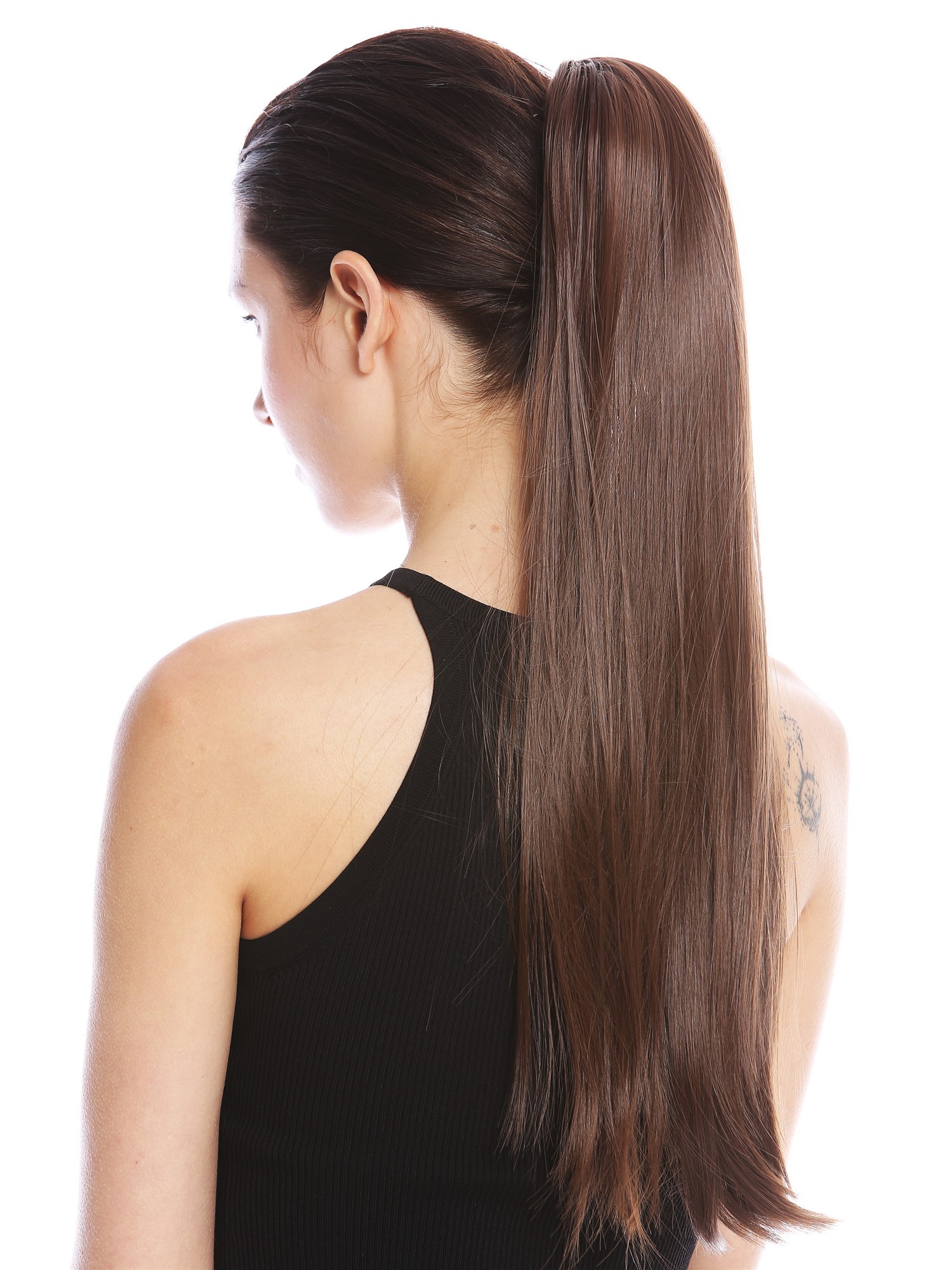 Ponytail Hairpiece comb ribbon wrap-around long straight medium brown YZF-1094S, front view, WIG ME UP: Your Perücken Online Shop Ponytails, dark ash brown, straight, long